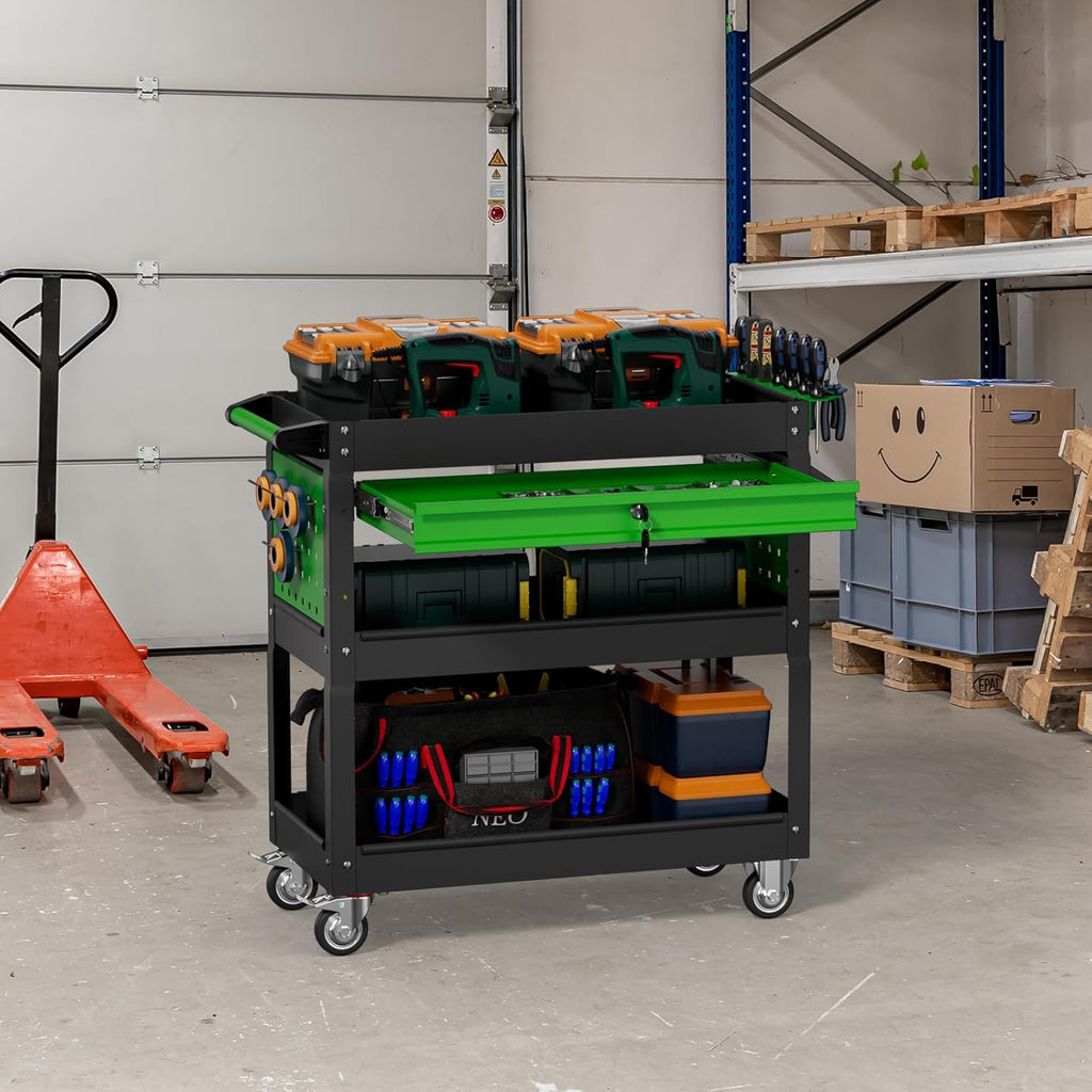 3 Tier Rolling Tool Cart on Wheels, Heavy Duty Industrial Utility Cart Service Cart with Drawer and Screwdriver Rack Pegboard, 550 LBS Mobile Tool Storage Organizer for Workshop, Garage(Green-Black)