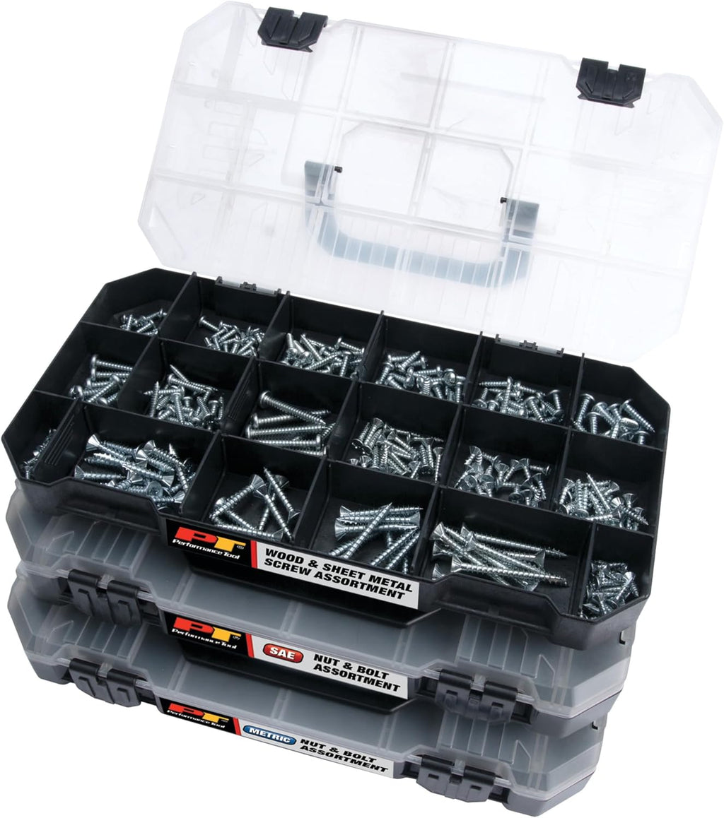 Performance Tool W5263 1080pc Hardware Assortment Kit with SEA & Metric Nuts, Bolts & Washers, Stacking Interlocking Clear Lid Bins for Maximum Portability