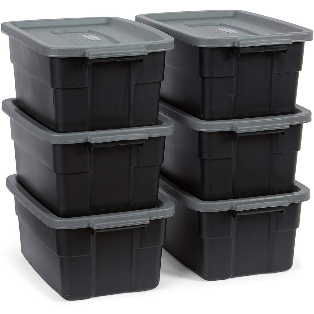 Rubbermaid 6-Pack Totes for Storage with Lids, Heavy Duty Plastic Storage Bins with Lids, Black Gray, 10 GAL - Stackable for Garage, Attic, Camping (10 GAL - 6 Pack Solid Black and Grey)