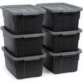 Rubbermaid 6-Pack Totes for Storage with Lids, Heavy Duty Plastic Storage Bins with Lids, Black Gray, 10 GAL - Stackable for Garage, Attic, Camping (10 GAL - 6 Pack Solid Black and Grey)
