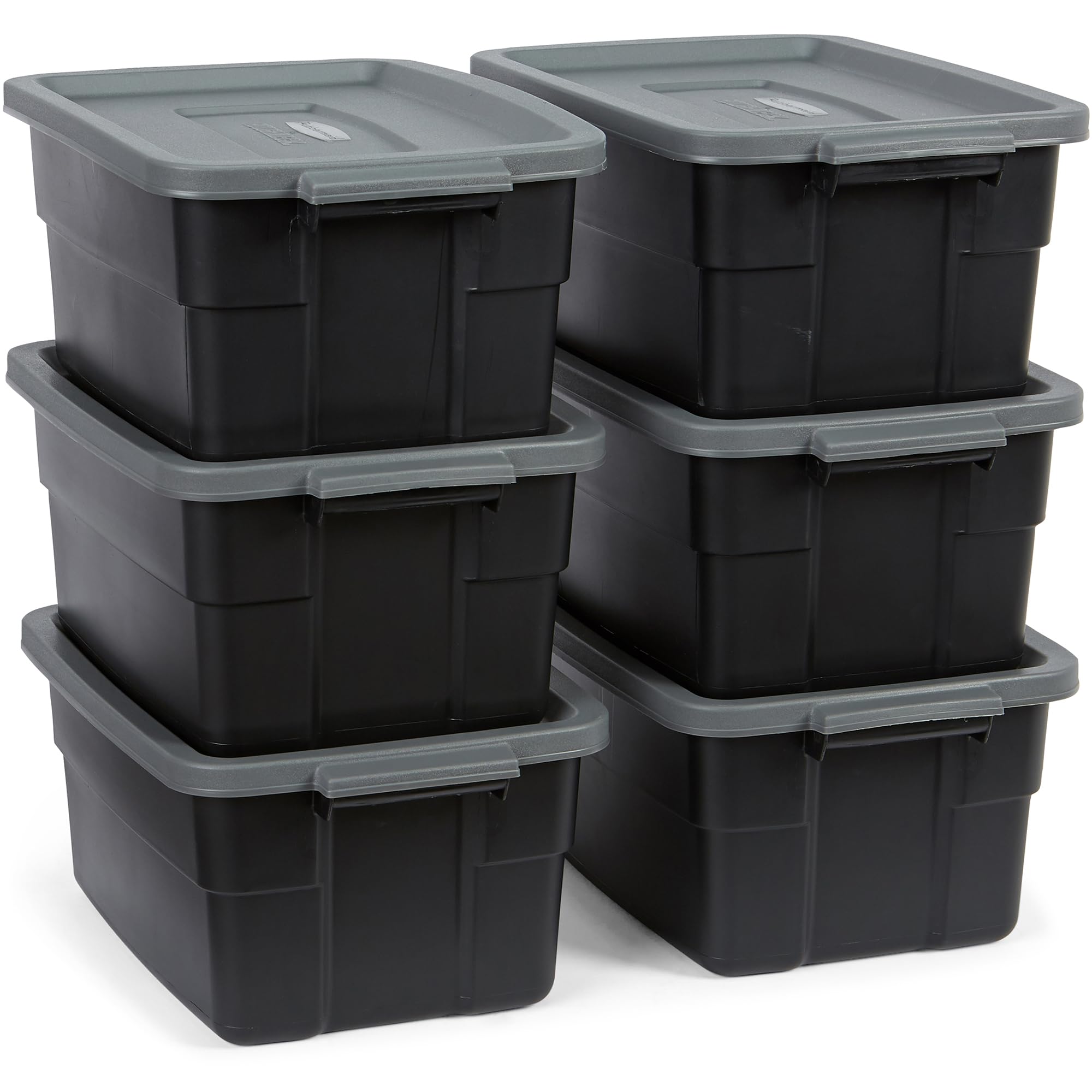 Rubbermaid 6-Pack Totes for Storage with Lids, Heavy Duty Plastic Storage Bins with Lids, Black Gray, 10 GAL - Stackable for Garage, Attic, Camping (10 GAL - 6 Pack Solid Black and Grey)