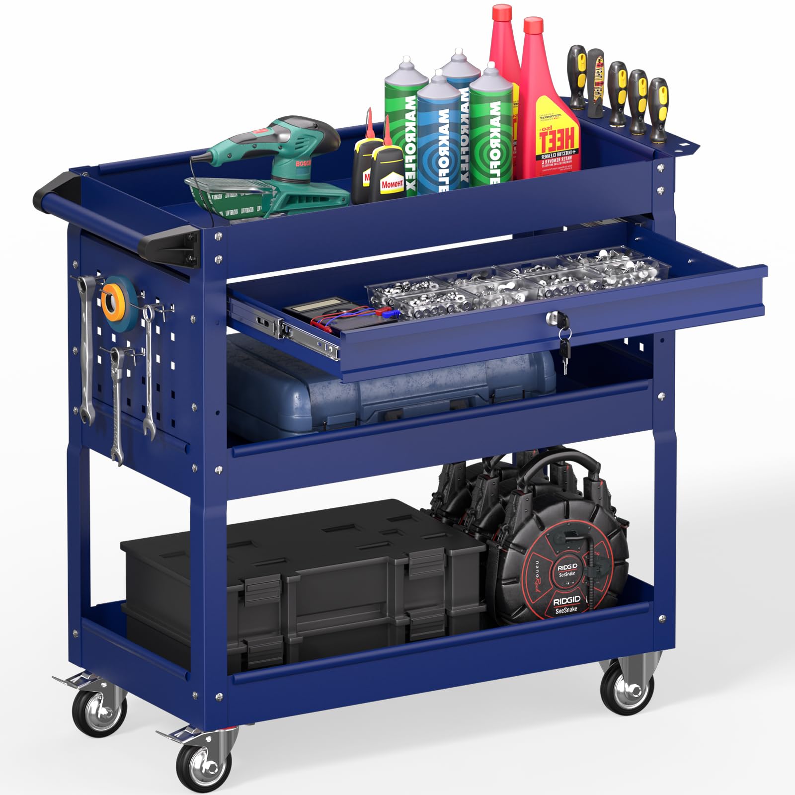 3 Tier Rolling Tool Cart on Wheels, Heavy Duty Industrial Utility Cart Service Cart with Drawer and Screwdriver Rack Pegboard, 550 LBS Mobile Tool Storage Organizer for Workshop, Garage(Green-Black)