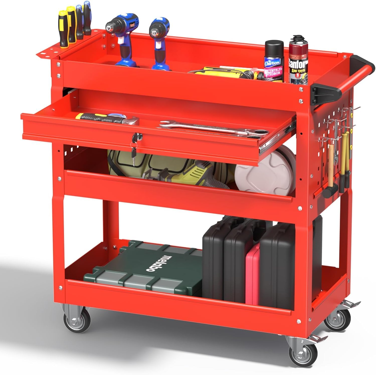 Matte Black Rolling Tool Cart, 3-Tier Mobile Utility Cart for Garage & Repair Shop