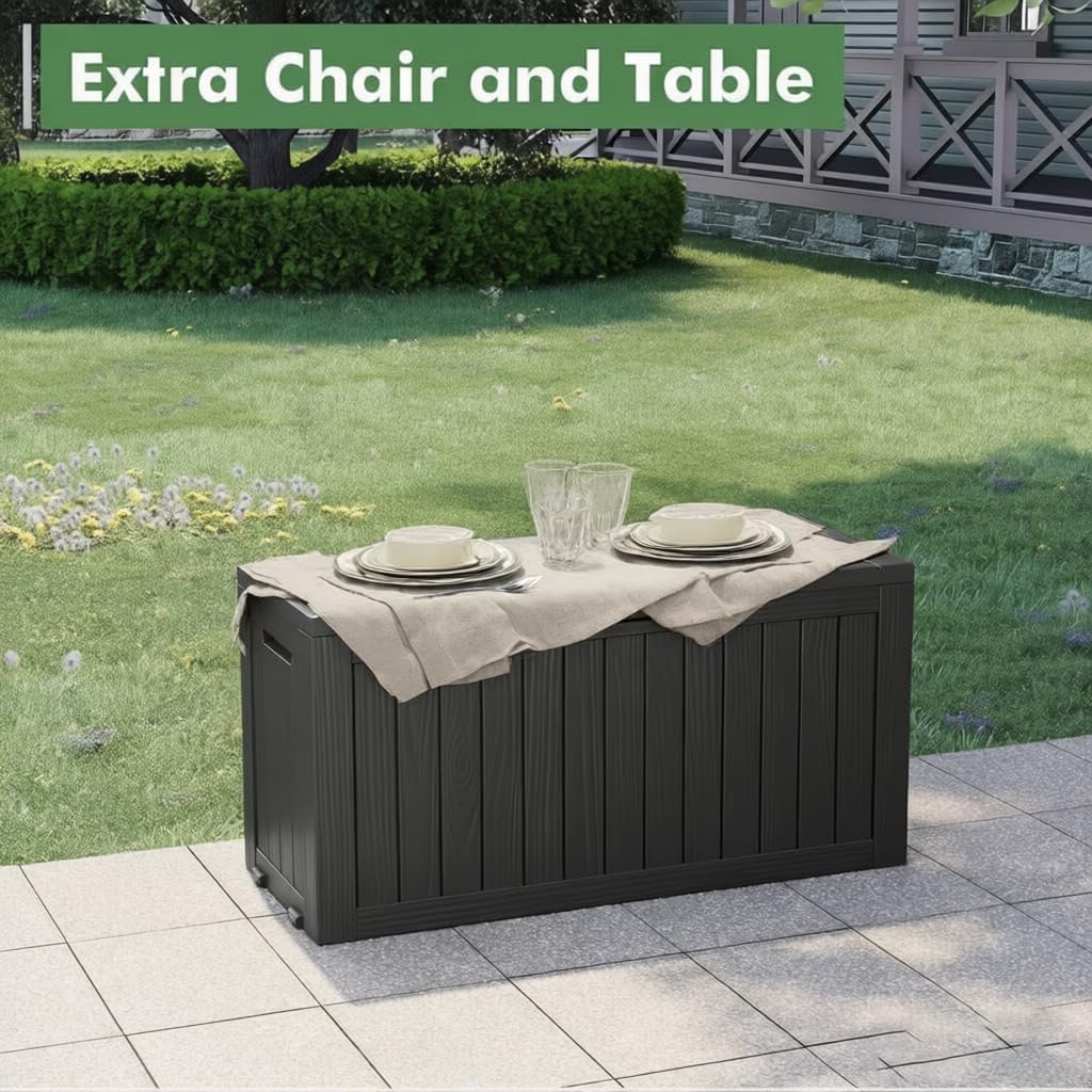 Outdoor Storage Box, Resin Deck Boxes Indoor and outdoor, Waterproof Storage Box Lockable Lid (Black, 85 Gallon)