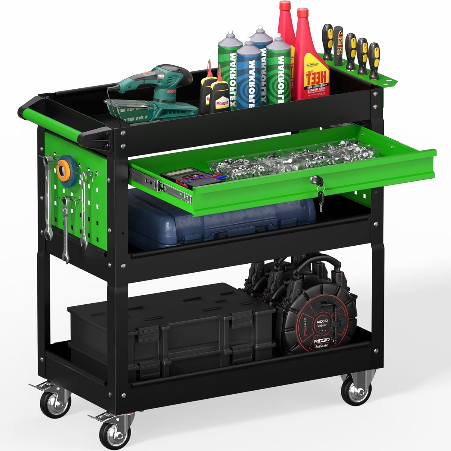 3 Tier Rolling Tool Cart on Wheels, Heavy Duty Industrial Utility Cart Service Cart with Drawer and Screwdriver Rack Pegboard, 550 LBS Mobile Tool Storage Organizer for Workshop, Garage(Green-Black)
