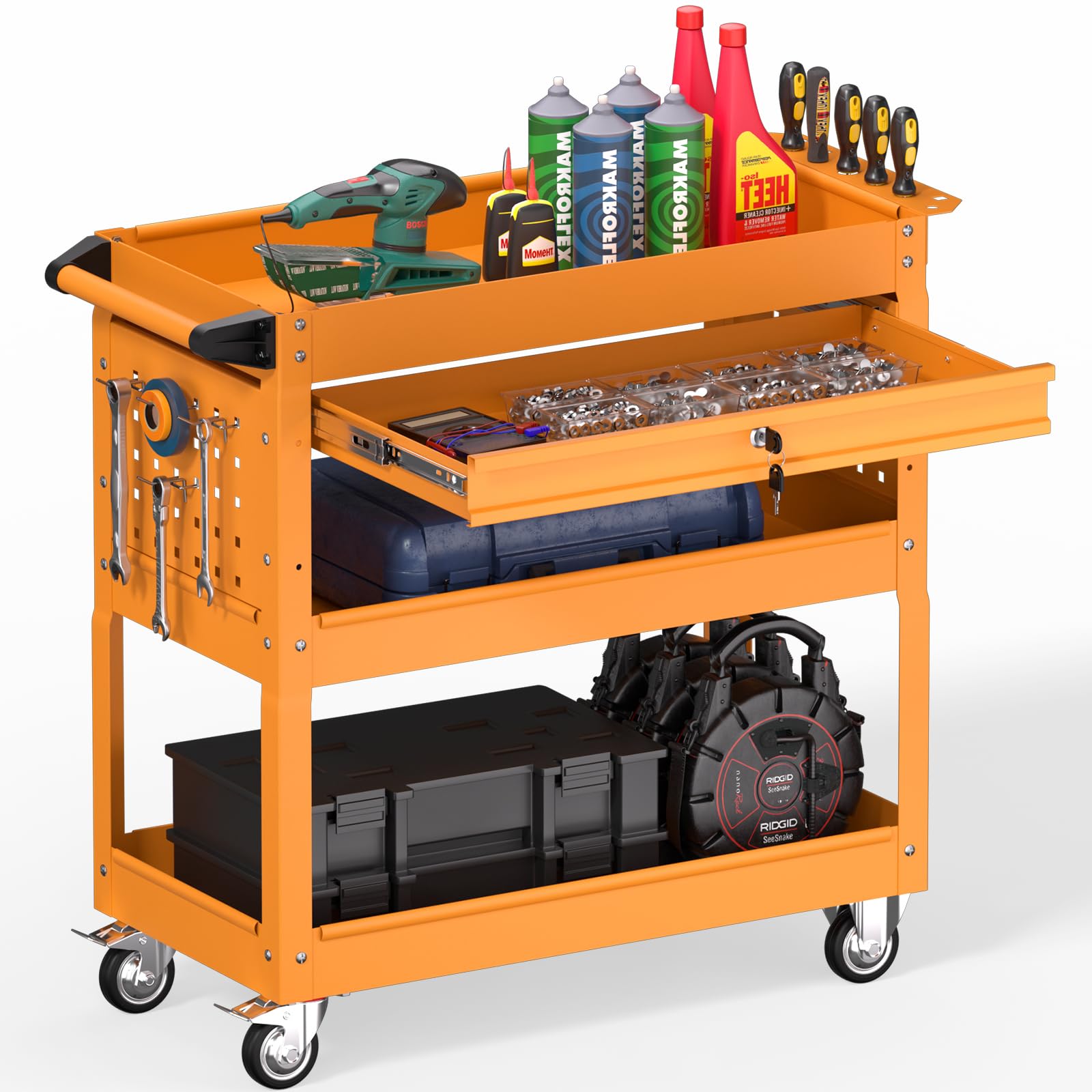 3 Tier Rolling Tool Cart on Wheels, Heavy Duty Industrial Utility Cart Service Cart with Drawer and Screwdriver Rack Pegboard, 550 LBS Mobile Tool Storage Organizer for Workshop, Garage(Green-Black)
