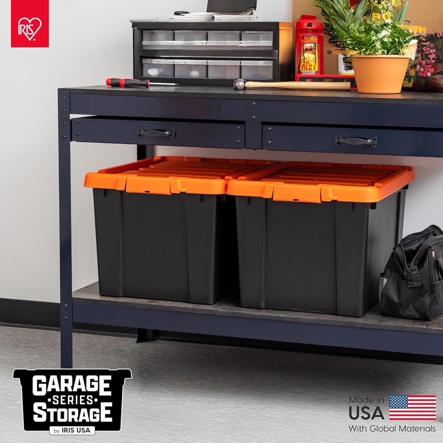 IRIS USA 20 Gallon Lockable Storage Bins with Lids, 2 Pack - Made in USA, Heavy Duty, Stackable Containers, Garage Organizing Bins Moving Tubs, Rugged Sturdy Equipment Utility Box - Black/Orange
