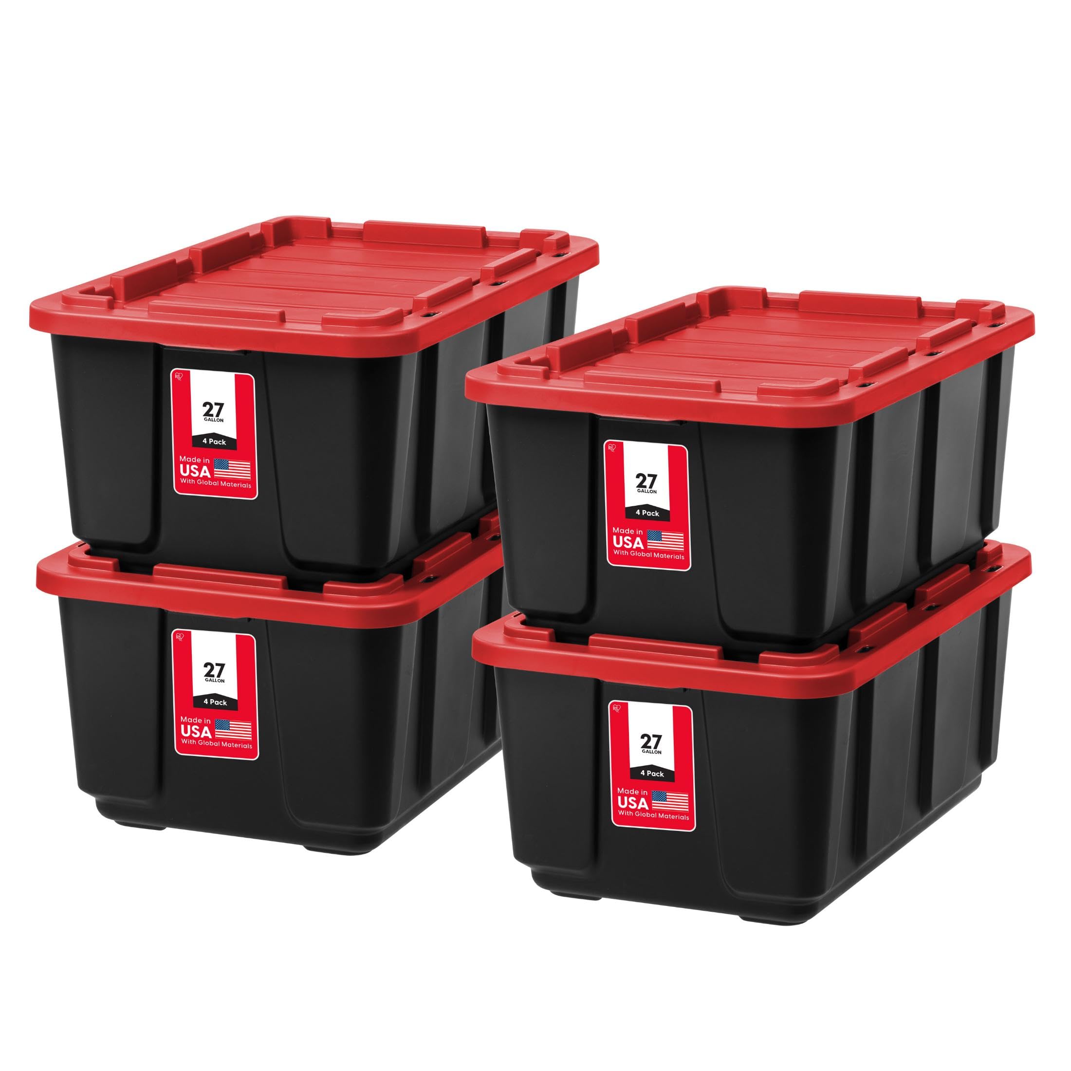 IRIS USA 4-Pack 27 Gallon Storage Bins with Lids |Made in USA| Heavy Duty Plastic Tote Containers for Truckbed Tool Box Organization, Large - Gray