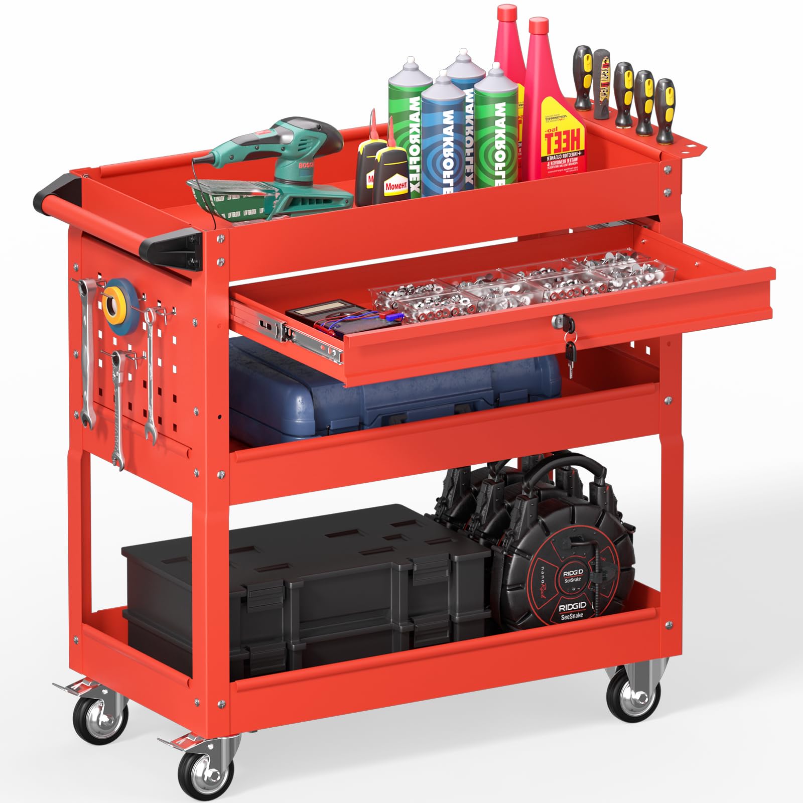 3 Tier Rolling Tool Cart on Wheels, Heavy Duty Industrial Utility Cart Service Cart with Drawer and Screwdriver Rack Pegboard, 550 LBS Mobile Tool Storage Organizer for Workshop, Garage(Green-Black)