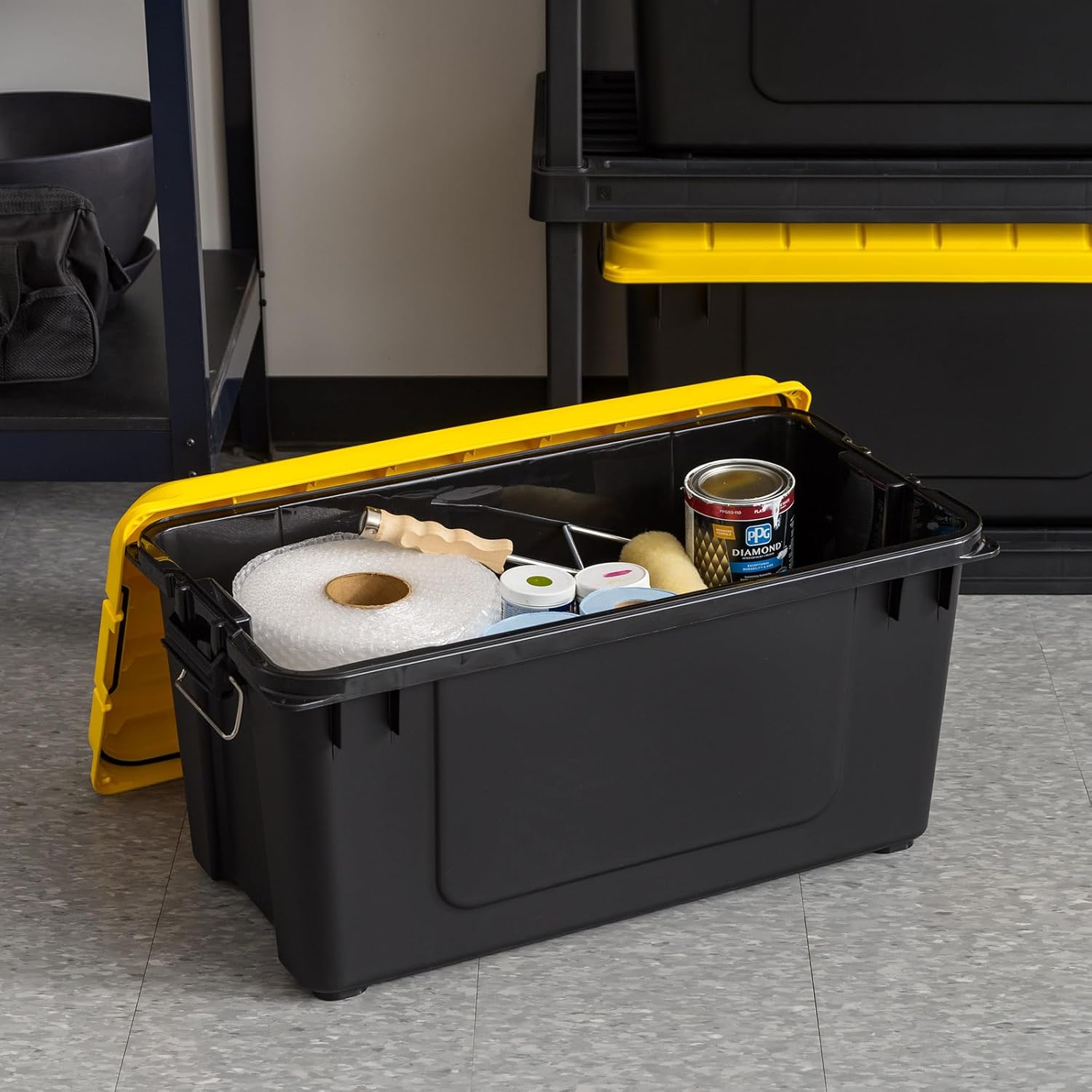 IRIS USA WeatherPro 21 Gallon Lockable Storage Bins with Lids, 4 Pack - Made in USA, Heavy Duty, Stackable Containers, Garage Organizing Tubs, Rugged Sturdy Equipment Utility Box - Black/Yellow