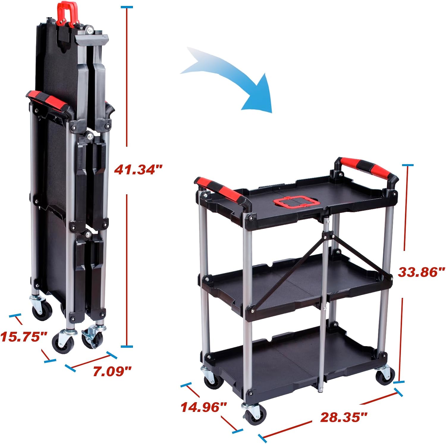Folding Service Cart,Rolling Utility Cart,330 LBS Collapsible Service Cart,3 Shelf Heavy Duty Foldable Tool Cart