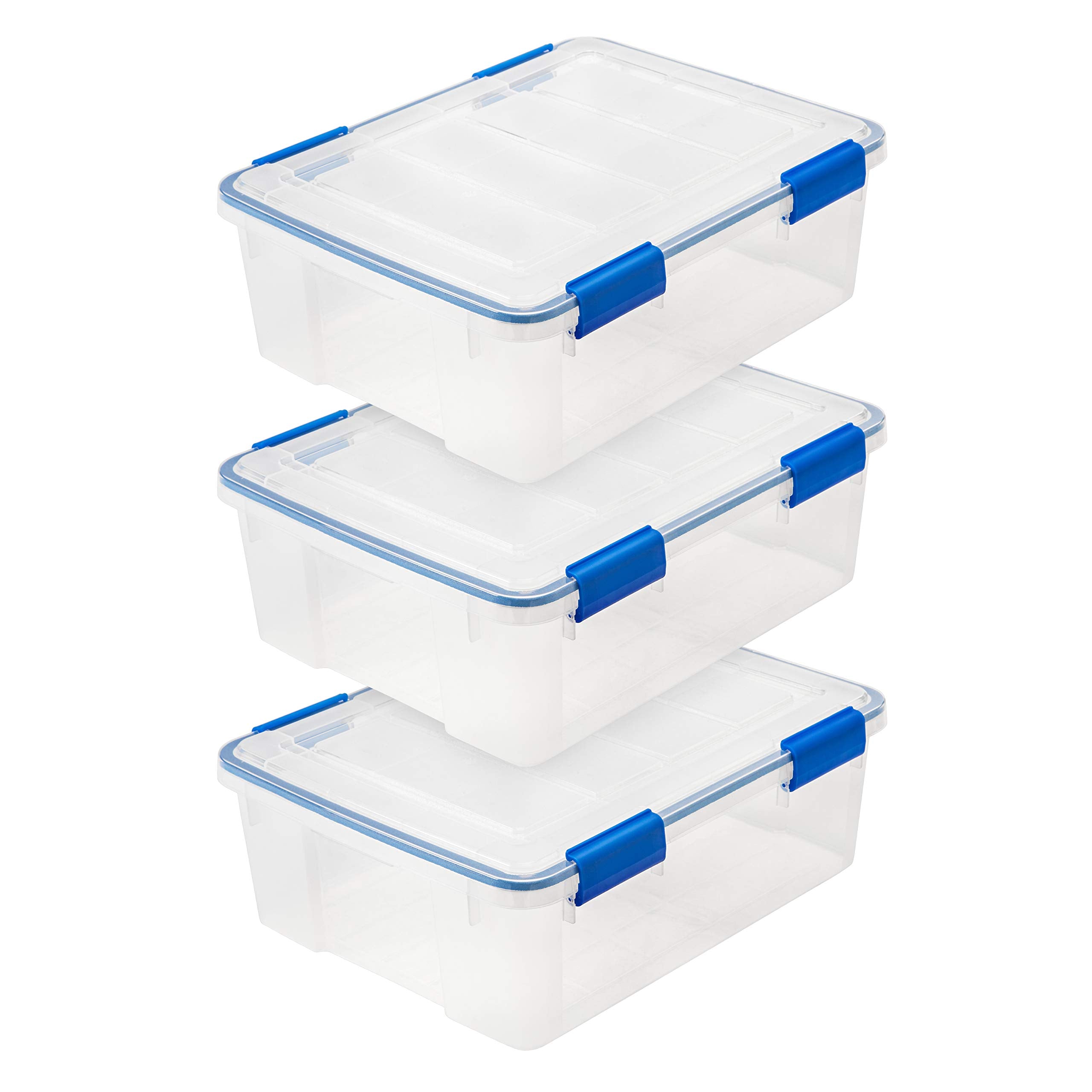 IRIS USA WeatherPro 44 Qt Storage Bins with Lids, 2 Pack, BPA-Free Plastic Gasket Box with Tight Latch and Seal, Stackable Nestable Tote Tub - Clear/Blue