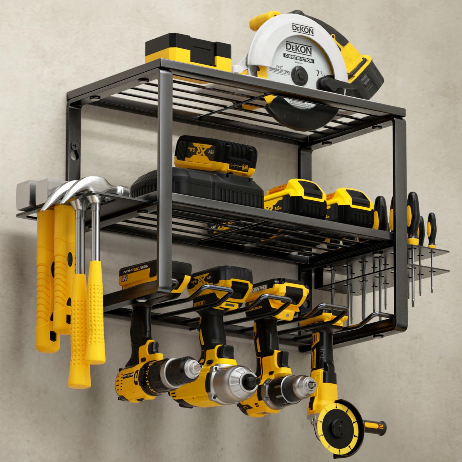 YYR Heavy Duty Power Tool Organizer Wall Mount, Cordless Drill Hanger Storage Rack, Battery Tools Holder with Charging Station Shelf for Garage Organization, Workshop, Pegboard, Shed - 32 Inch 8 Slots