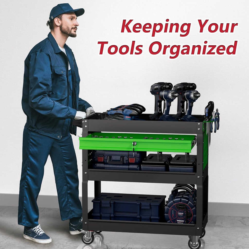3 Tier Rolling Tool Cart on Wheels, Heavy Duty Industrial Utility Cart Service Cart with Drawer and Screwdriver Rack Pegboard, 550 LBS Mobile Tool Storage Organizer for Workshop, Garage(Green-Black)