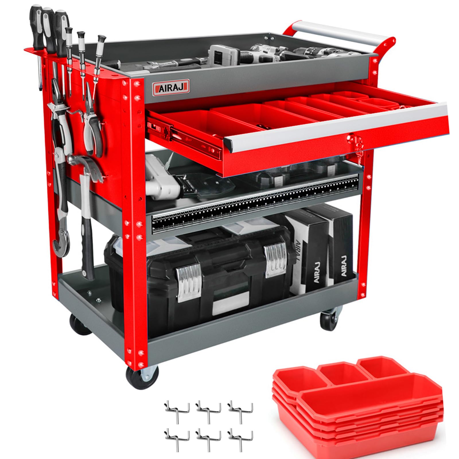 Tool Cart,440LBS Service Cart,4-Tier Tool Cart on Drawers,Hooks,Parts Box and Locking System for Warehouse,Garage,Workshop