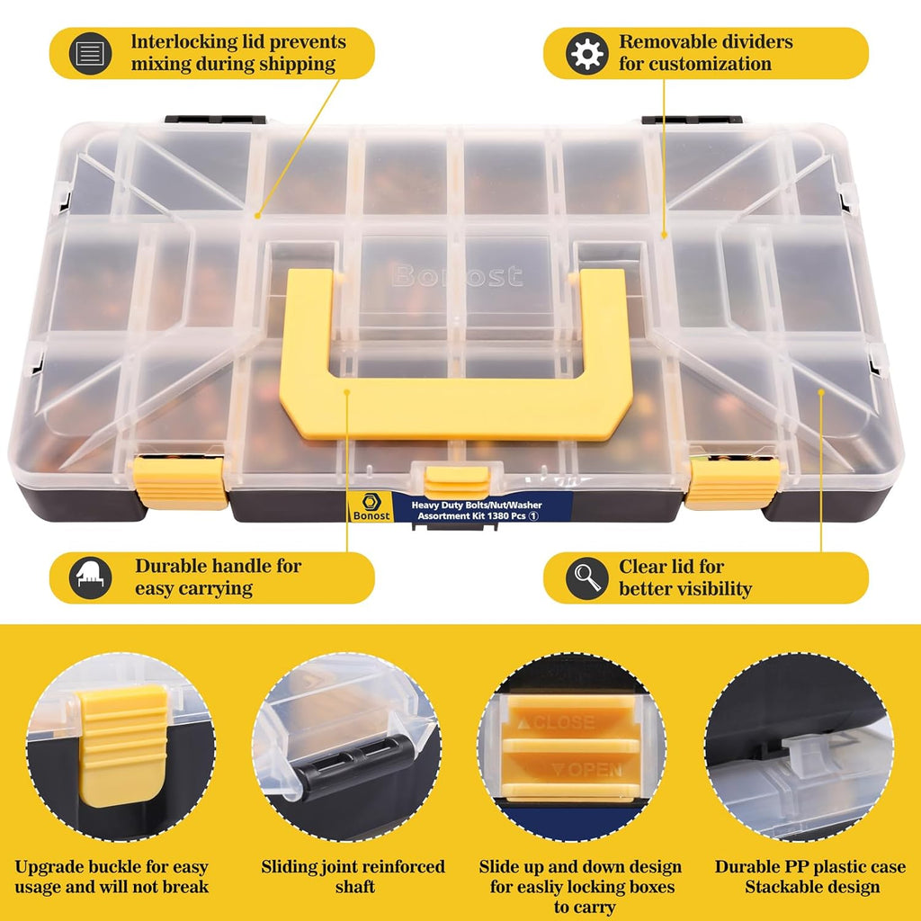 Bonost 1380pcs Nuts and Bolts Assortment Kit - Heavy Duty Grade 8.8 Metric M4 M5 M6 M8 Bolt Set with Assorted Nuts and Washers, Yellow Zinc Plated, Length from 12-30mm