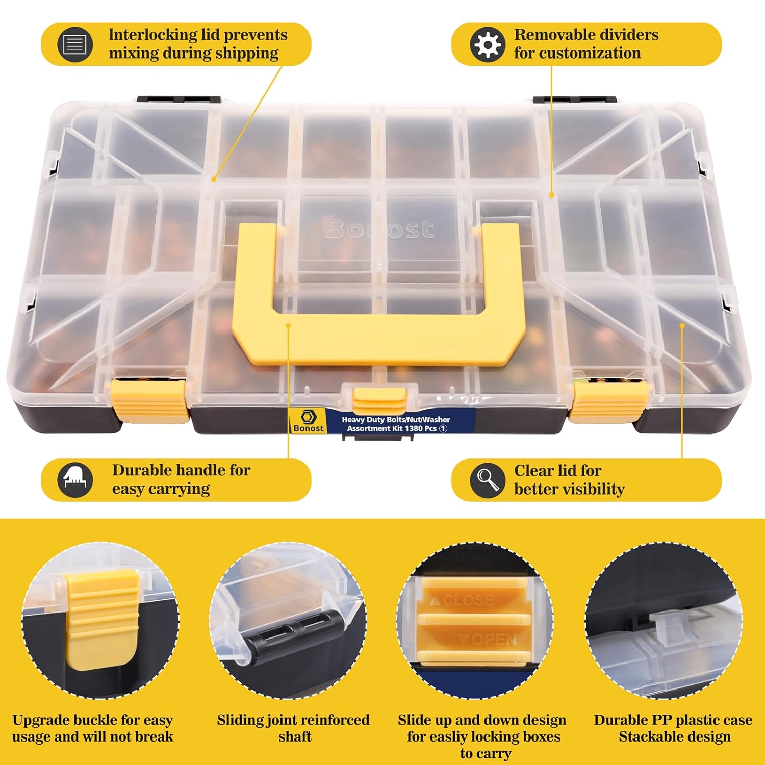 Bonost 1380pcs Nuts and Bolts Assortment Kit - Heavy Duty Grade 8.8 Metric M4 M5 M6 M8 Bolt Set with Assorted Nuts and Washers, Yellow Zinc Plated, Length from 12-30mm
