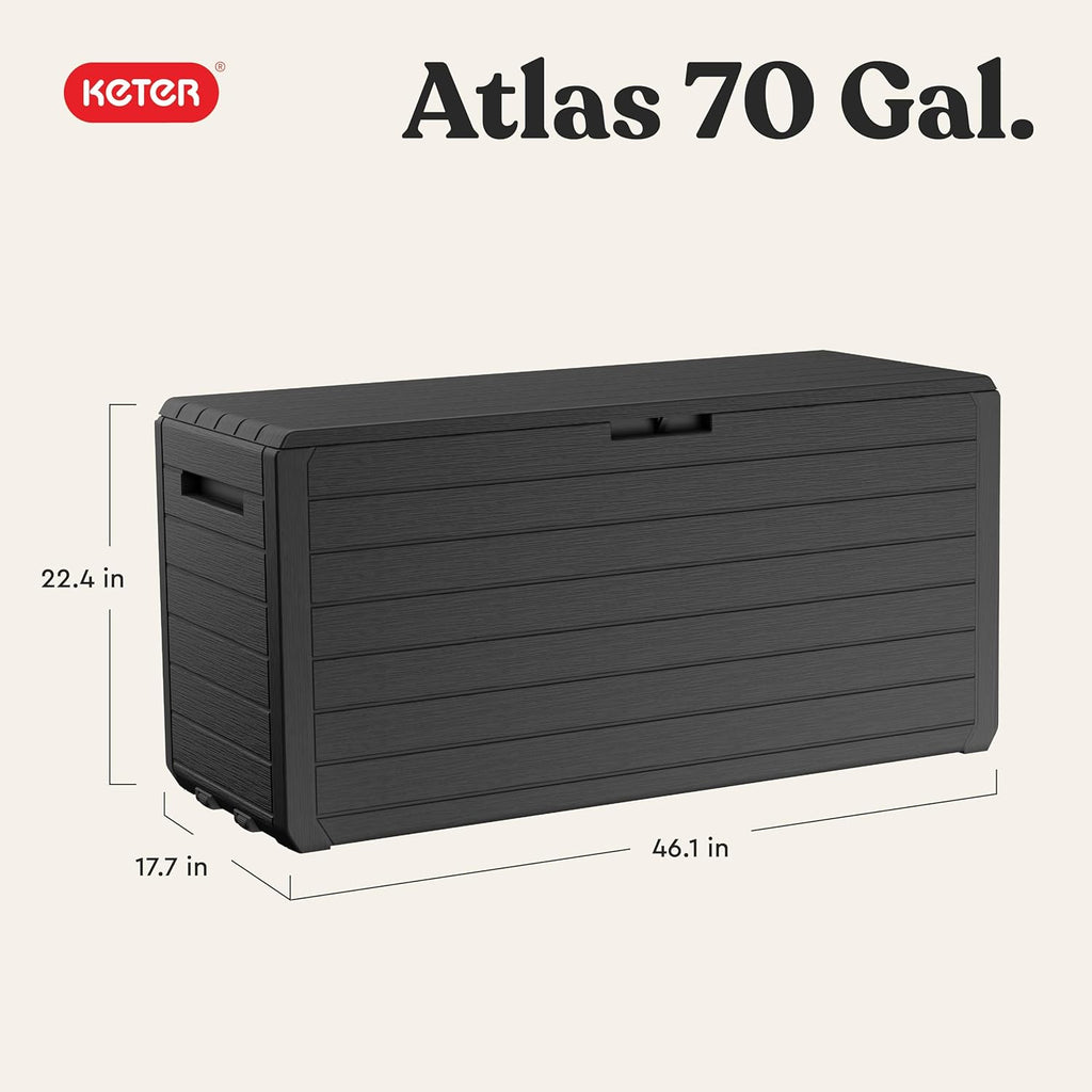 Keter Atlas 70 Gallon Deck Box – Weather‑Resistant Outdoor Storage Chest for Patio, Yard & Pool, Durable Resin Construction, Lockable Lid, Easy‑Open Design