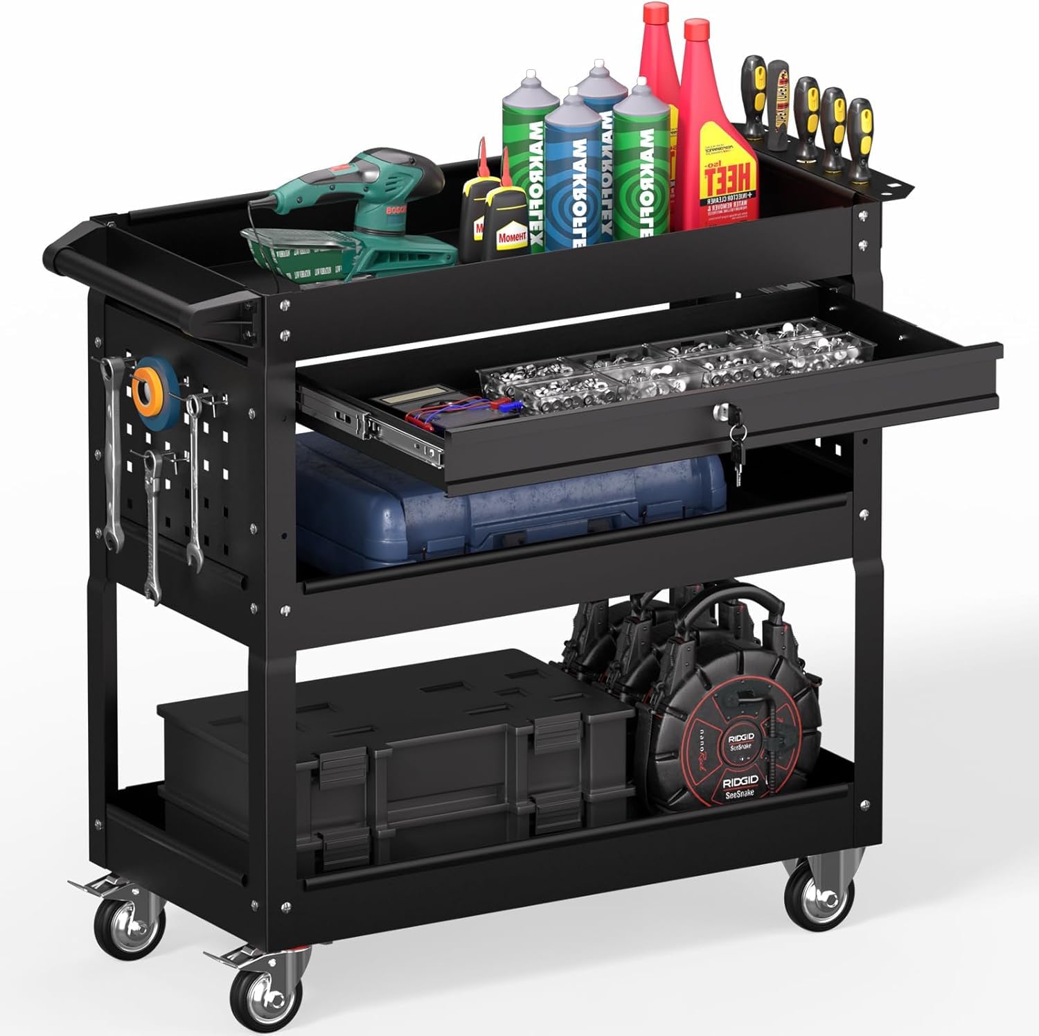 3 Tier Rolling Tool Cart on Wheels, Heavy Duty Industrial Utility Cart Service Cart with Drawer and Screwdriver Rack Pegboard, 550 LBS Mobile Tool Storage Organizer for Workshop, Garage(Green-Black)