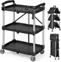 VEVOR Foldable Utility Service Cart, 165LBS 3 Shelf Heavy Duty Plastic Rolling Cart with 360° Swivel Wheels (2 with Brakes), Ergonomic Handle, Portable Garage Tool Cart for Warehouse Office Home