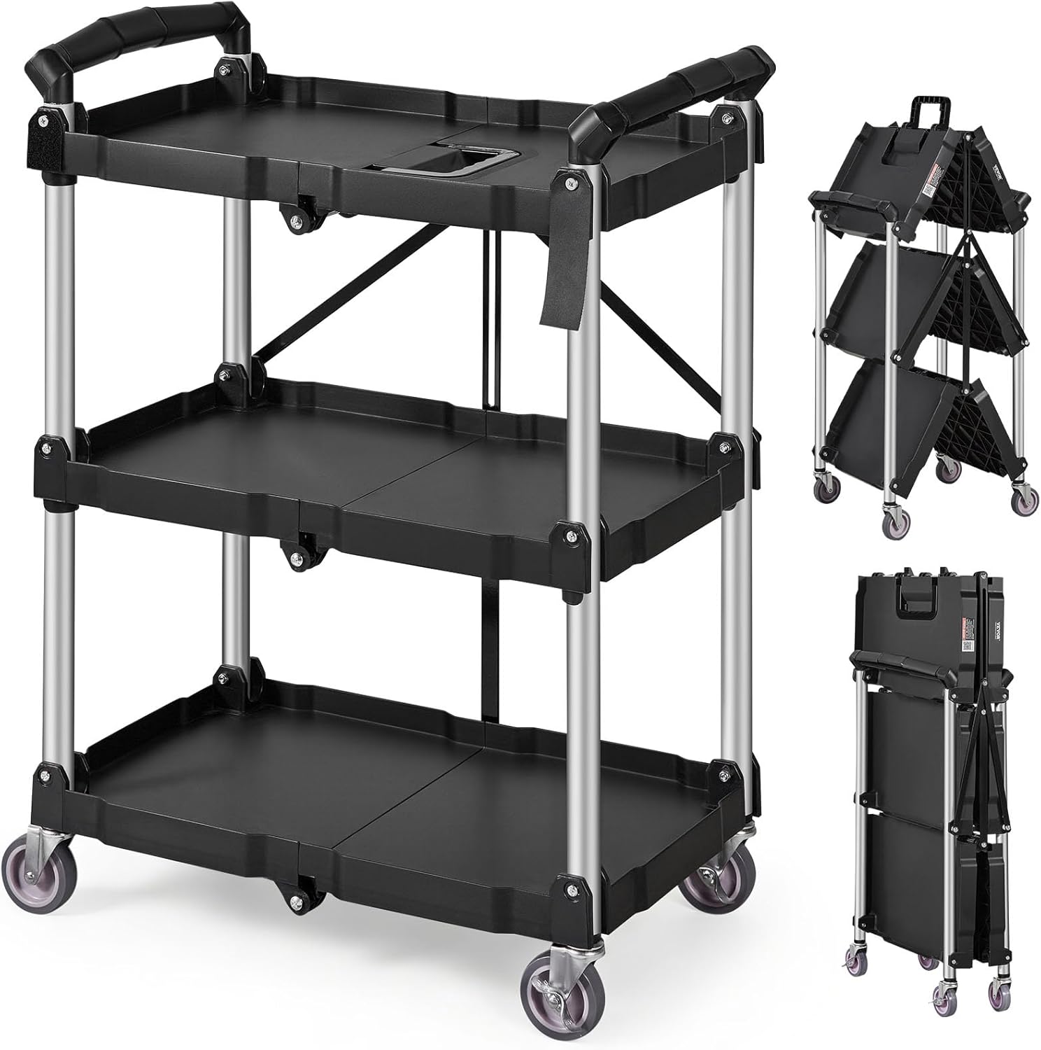 VEVOR Foldable Utility Service Cart, 165LBS 3 Shelf Heavy Duty Plastic Rolling Cart with 360° Swivel Wheels (2 with Brakes), Ergonomic Handle, Portable Garage Tool Cart for Warehouse Office Home