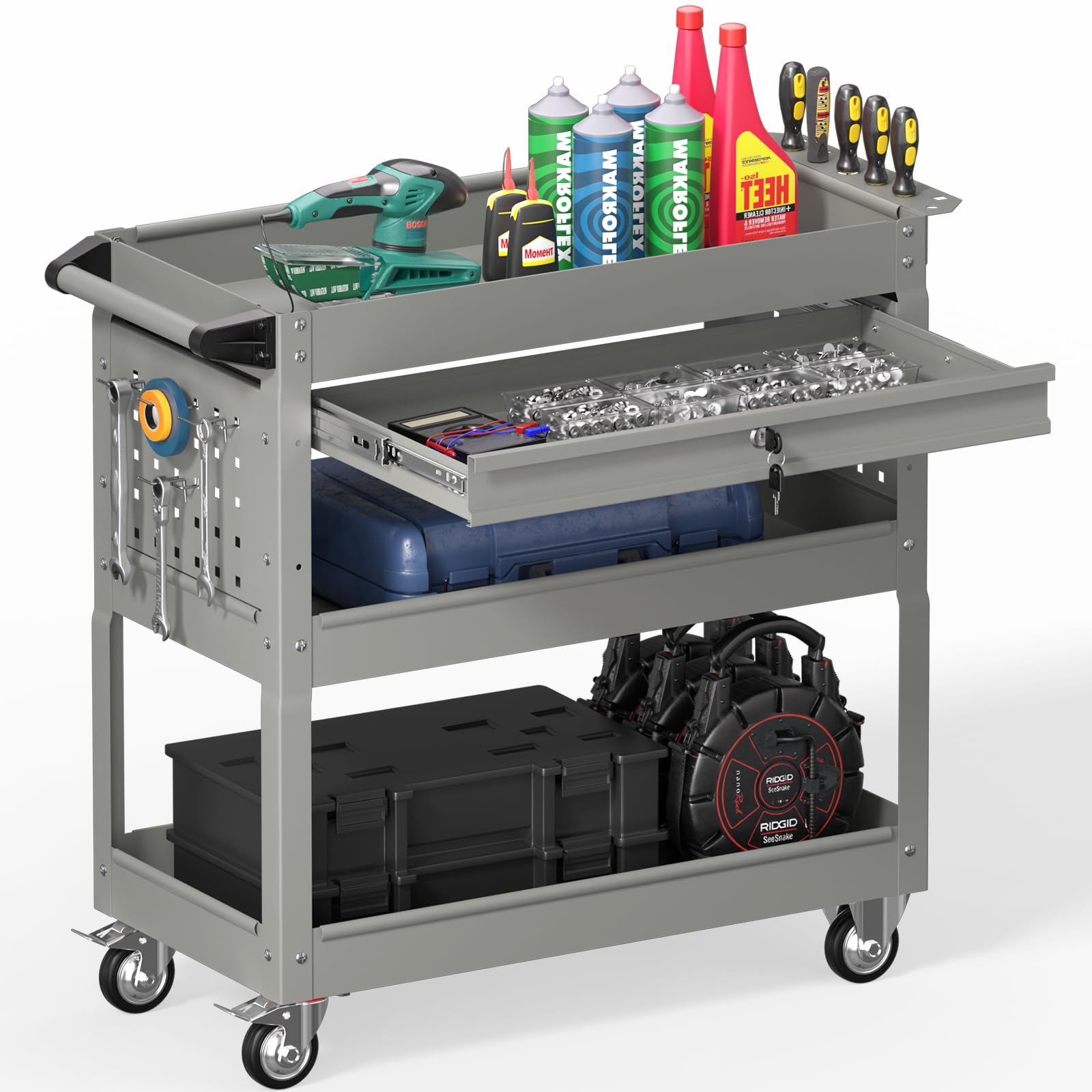 3 Tier Rolling Tool Cart on Wheels, Heavy Duty Industrial Utility Cart Service Cart with Drawer and Screwdriver Rack Pegboard, 550 LBS Mobile Tool Storage Organizer for Workshop, Garage(Green-Black)