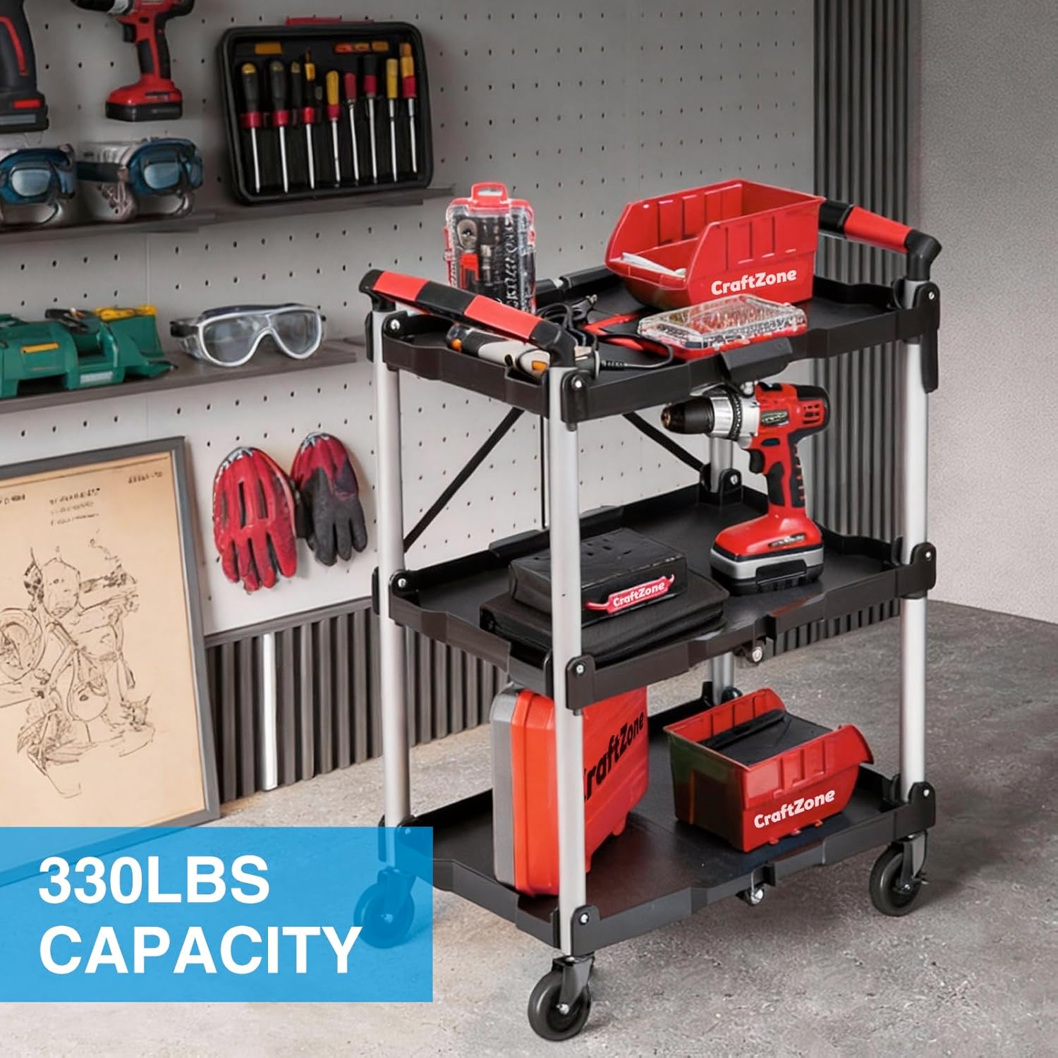 Folding Service Cart,Rolling Utility Cart,330 LBS Collapsible Service Cart,3 Shelf Heavy Duty Foldable Tool Cart