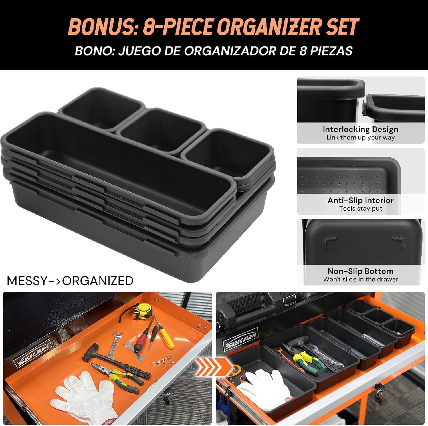 SEKAM 3-Tier Rolling Tool Cart: Heavy Duty Mechanic Service Cart with Drawer for Garage & Warehouse – Metal Utility Trolley Organizer with Locking Wheels & Screwdriver Holder (440LBS Capacity)