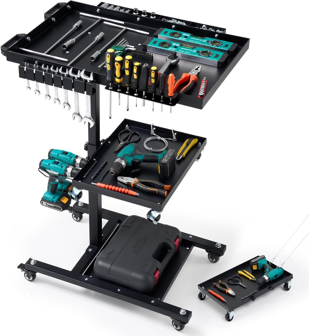 OLBRUS Rolling Work Table Adjustable Height - 3-Tier Removable Tool Cart with Wheels, Portable Mechanic Organizer with Drill Storage & Lockable Casters for Garage, Workshop, Bicycle Repair