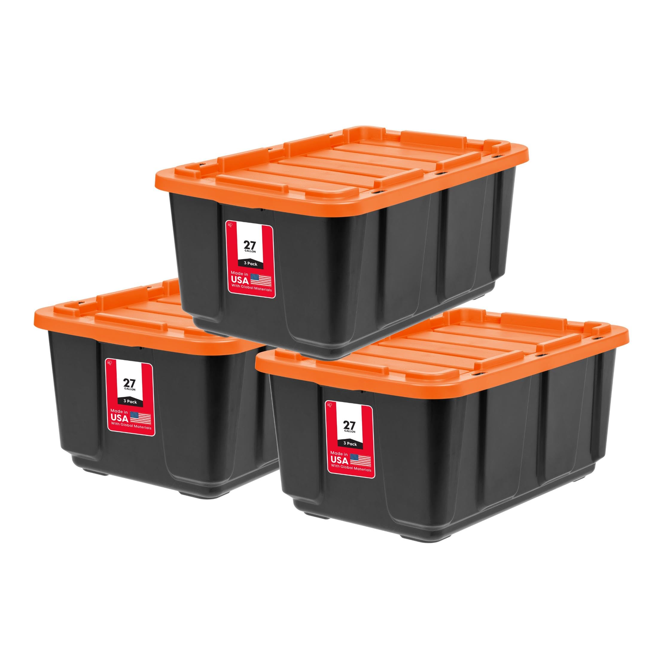 IRIS USA 4-Pack 27 Gallon Storage Bins with Lids |Made in USA| Heavy Duty Plastic Tote Containers for Truckbed Tool Box Organization, Large - Gray
