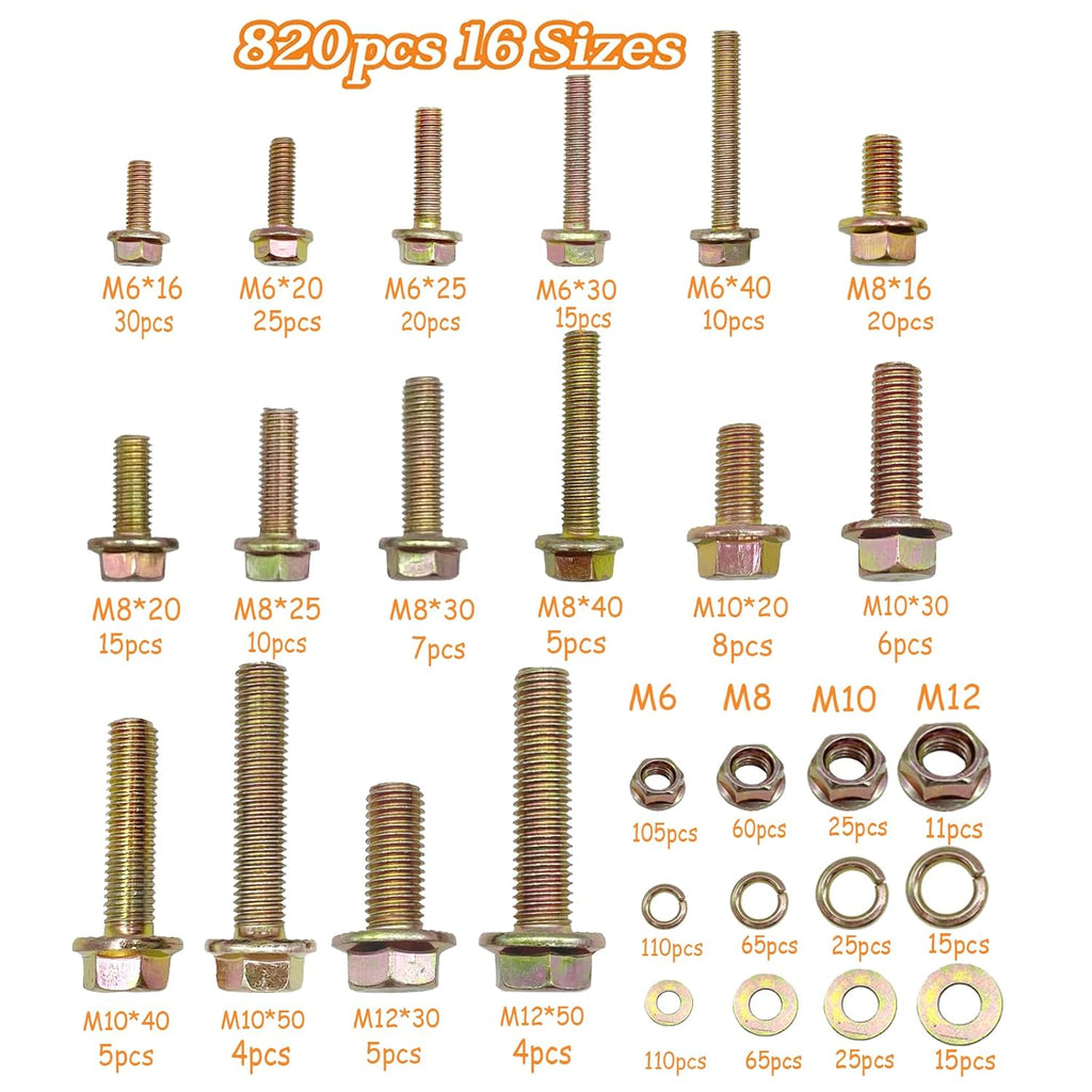 820pcs Metric Flange Bolt Assortment, Bolts and Nuts Kit, M6x1.0, M8x1.25, M10x1.5, M12x1.75(16mm to 50mm) Bolts and Nuts Assortment, Flange Hex Bolts and Nuts Washers Kit, Yellow Zinc, 16 Sizes