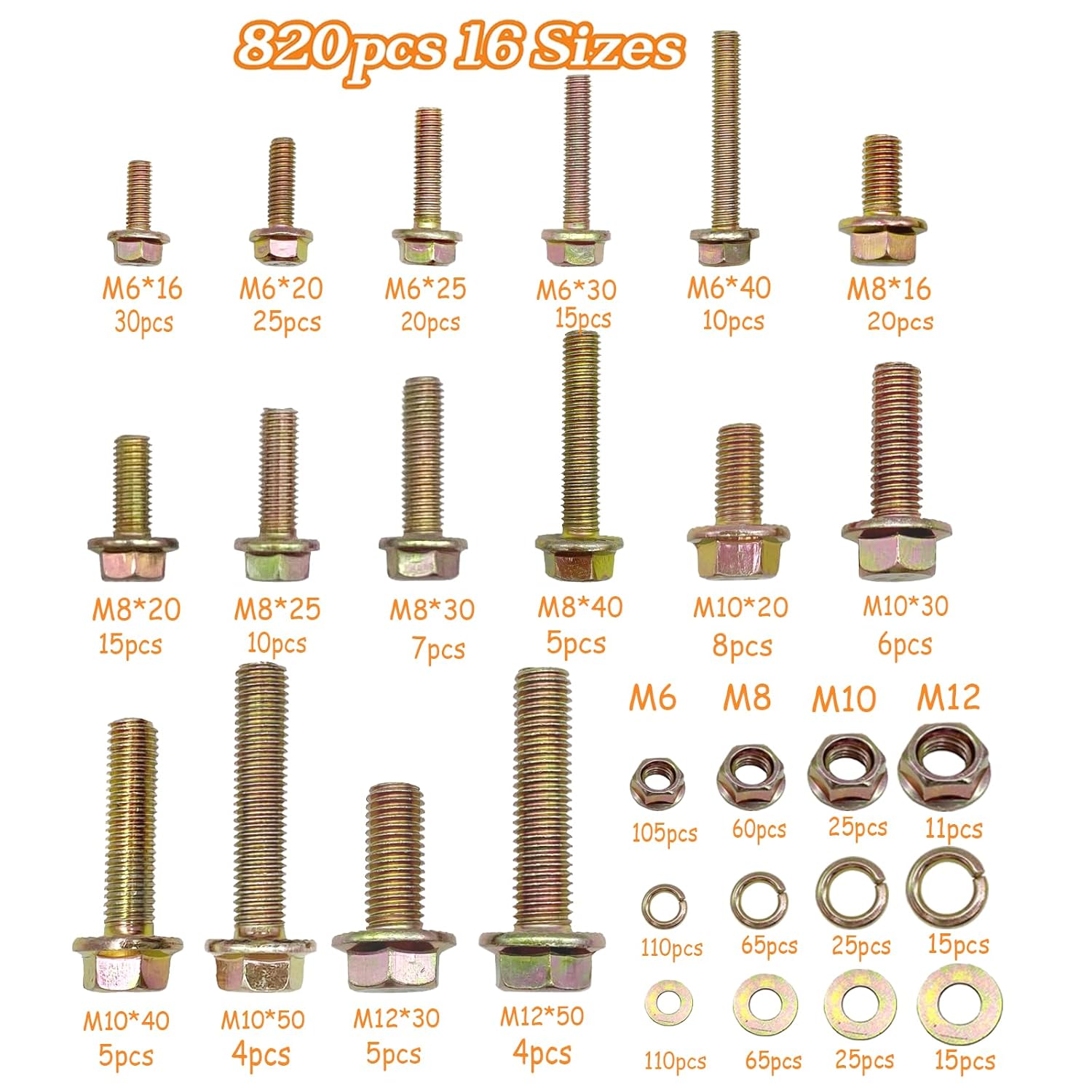 820pcs Metric Flange Bolt Assortment, Bolts and Nuts Kit, M6x1.0, M8x1.25, M10x1.5, M12x1.75(16mm to 50mm) Bolts and Nuts Assortment, Flange Hex Bolts and Nuts Washers Kit, Yellow Zinc, 16 Sizes