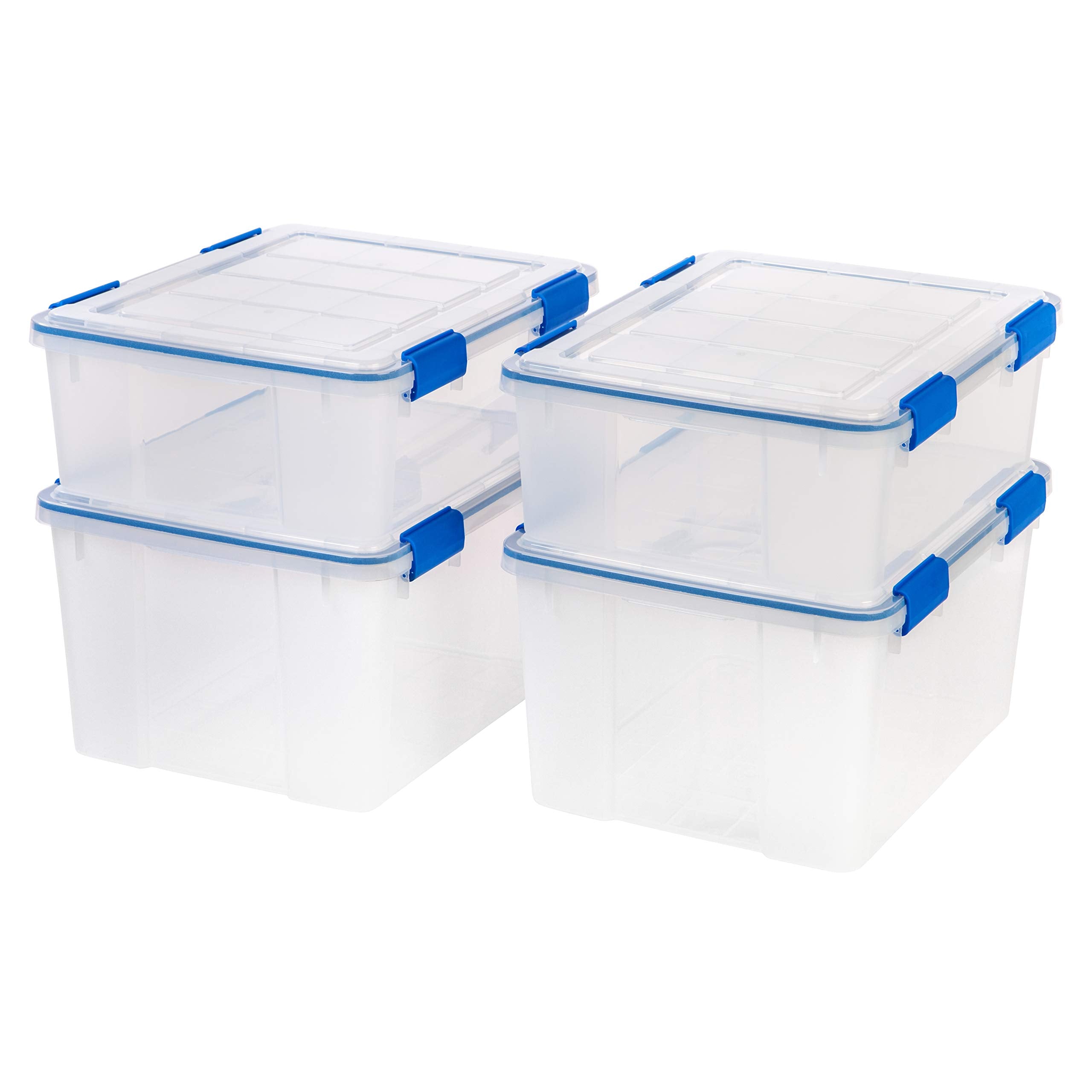 IRIS USA WeatherPro 44 Qt Storage Bins with Lids, 2 Pack, BPA-Free Plastic Gasket Box with Tight Latch and Seal, Stackable Nestable Tote Tub - Clear/Blue