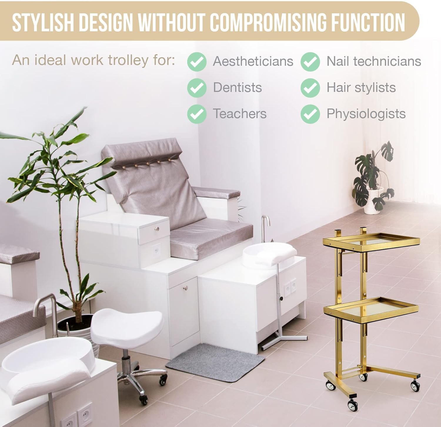Multifunctional 2-Tray Utility Cart on Wheels - Gold 2-Level Medical Trolley Cart - Mobile Storage Tray Cart for Dental Tools, Cavitation Machine, Salon Supplies - Brass Foldable Storage Trays