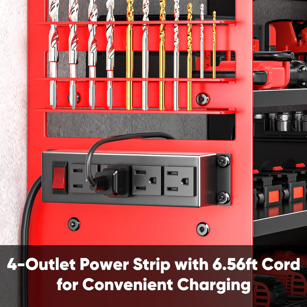 POKIPO Large Power Tool Organizer Wall Mount with Charging Station,4 Layer Heavy Duty Metal Tool Storage Shelf Loads 600lbs,Battery Utility Rack With 4 Outlet Power Strip with 8 Cordless Drill Holder