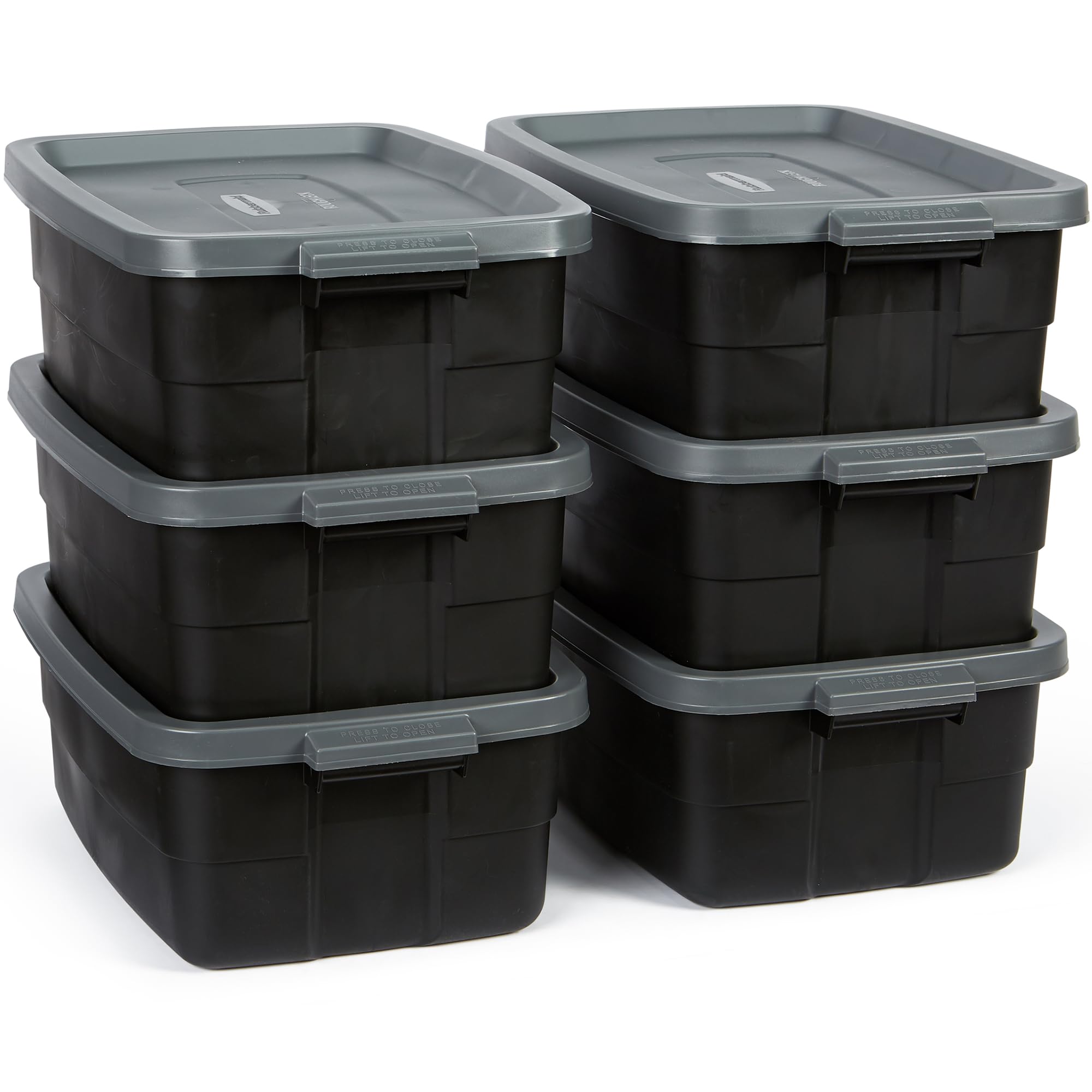 Rubbermaid 6-Pack Totes for Storage with Lids, Heavy Duty Plastic Storage Bins with Lids, Black Gray, 10 GAL - Stackable for Garage, Attic, Camping (10 GAL - 6 Pack Solid Black and Grey)