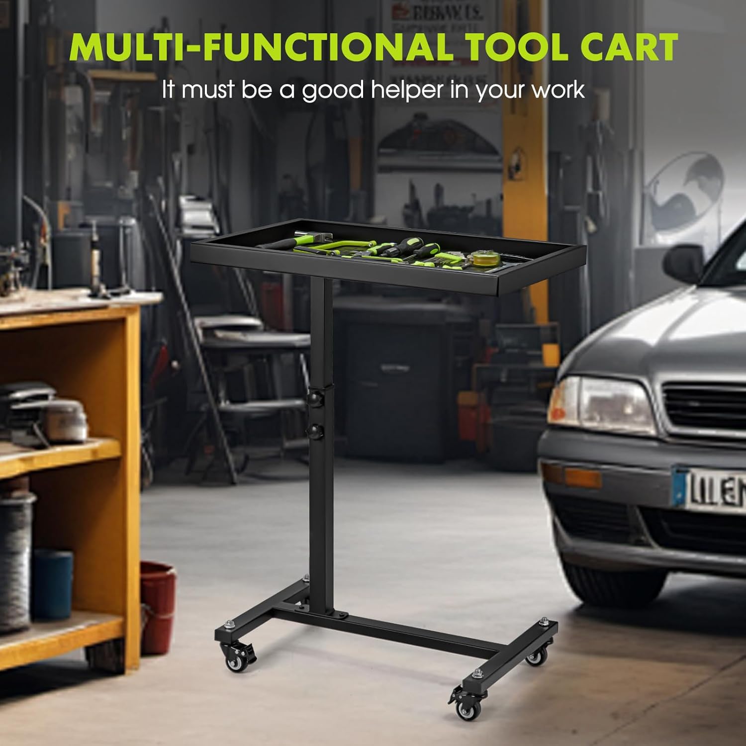 OLBRUS Adjustable Work Table with Wheels, Mechanic Rolling Tool Tray Table for Garage Repair Shops DIY, 220LBS Capacity Mobile Heavy Duty Steel Tool Cart (Black)