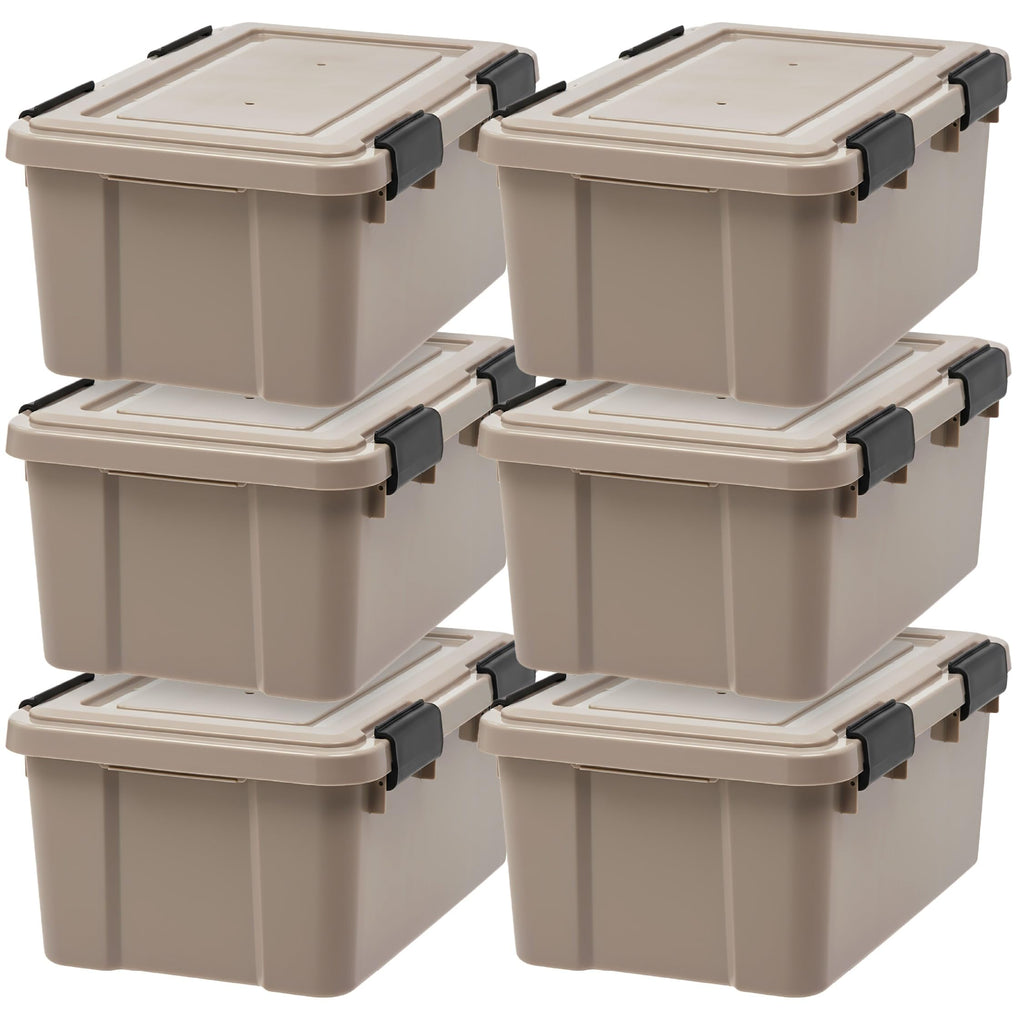 IRIS USA 4-Pack WeatherPro Gasket Box, 63 Quart Weather Resistant Storage Bins with Latching Lids, Heavy Duty Organizing Containers for Closet, Bathroom, and Office - Tan
