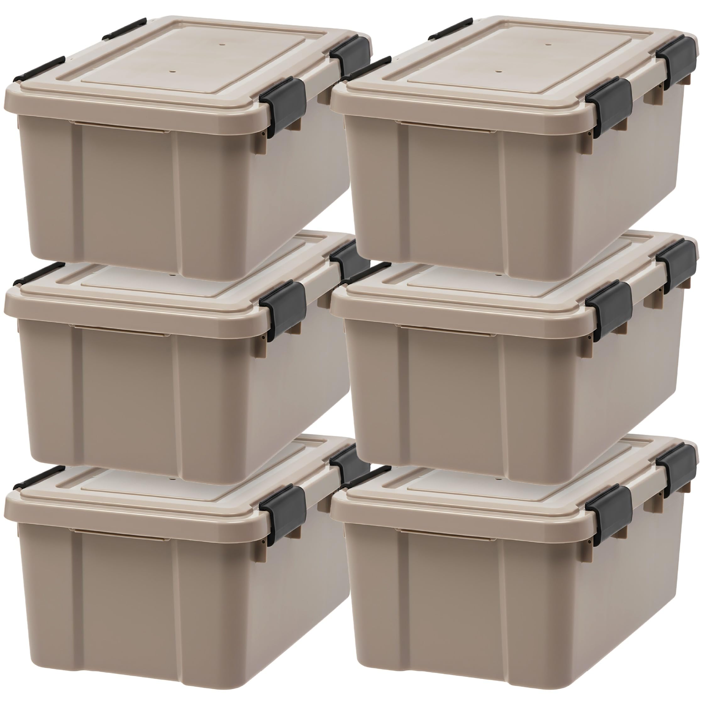 IRIS USA 4-Pack WeatherPro Gasket Box, 63 Quart Weather Resistant Storage Bins with Latching Lids, Heavy Duty Organizing Containers for Closet, Bathroom, and Office - Tan