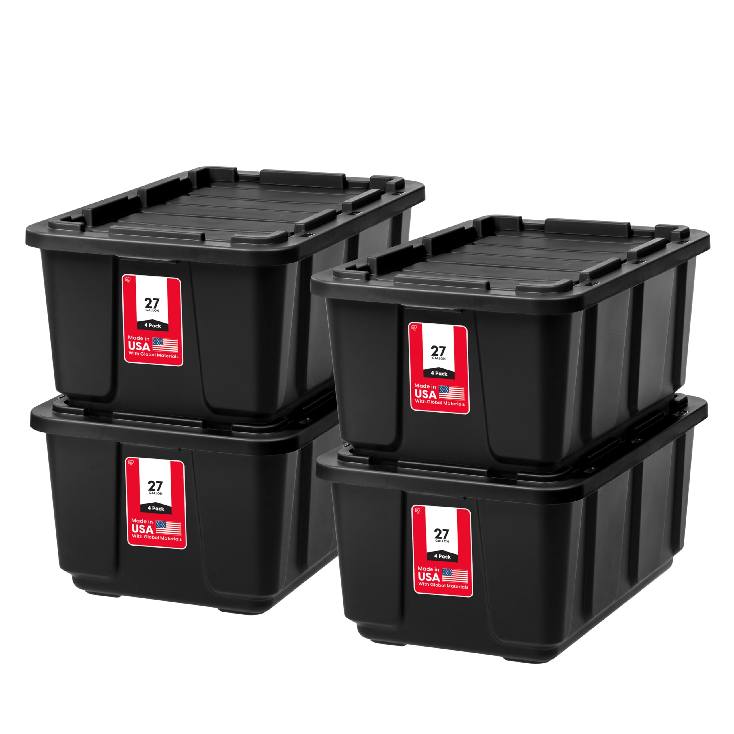 IRIS USA 4-Pack 27 Gallon Storage Bins with Lids |Made in USA| Heavy Duty Plastic Tote Containers for Truckbed Tool Box Organization, Large - Gray