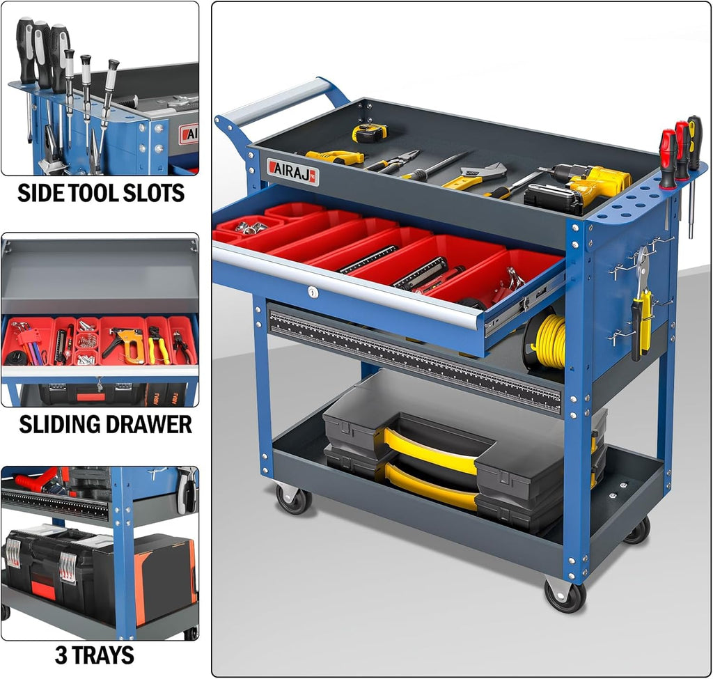 Tool Cart,440LBS Service Cart,4-Tier Tool Cart on Drawers,Hooks,Parts Box and Locking System for Warehouse,Garage,Workshop