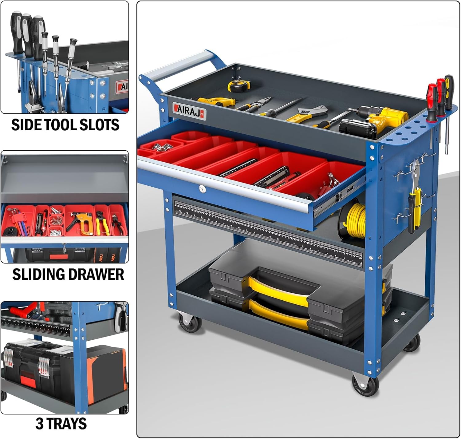 Tool Cart,440LBS Service Cart,4-Tier Tool Cart on Drawers,Hooks,Parts Box and Locking System for Warehouse,Garage,Workshop