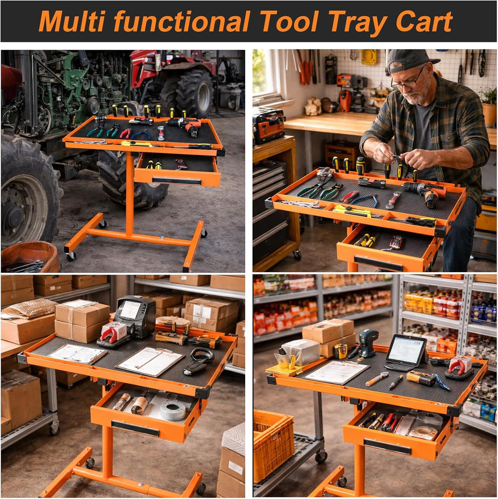 A A IN LT018 Heavy Duty Adjustable Work Table with Drawers, Rolling Tool Tray on Wheels of 220lbs Capacity, Mobile Service Tray for Mechanic