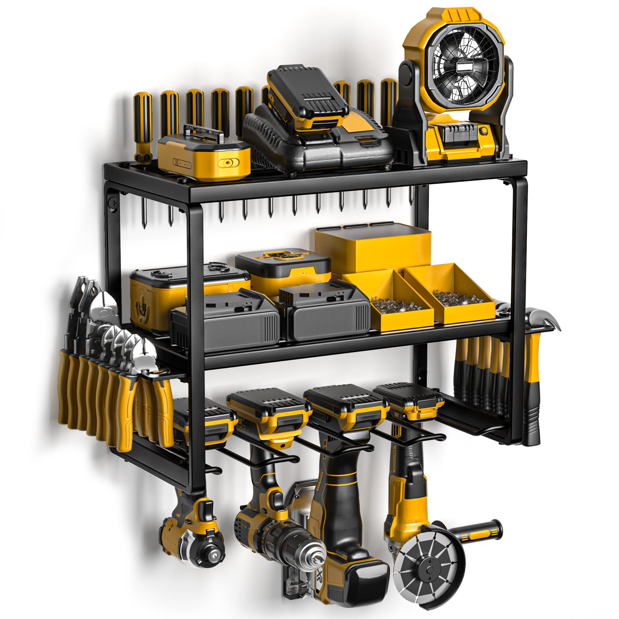 Spampur Power Tool Organizer for Tool Storage, Drill Holder Wall Mount with Screwdriver Organizer, Tool Holder for Garage Wall Organization, Heavy Duty Metal Tool Shelf with Battery Holder