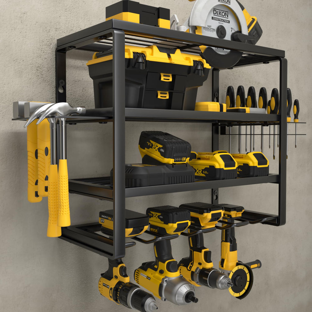 YYR 4 Layer Power Tool Organizer Wall Mount, Cordless Drill Hanger Storage Rack, Battery Tools Holder with Charging Station Shelf for Garage Organization, Workshop, Pegboard, Shed - 32 Inch 8 Slots