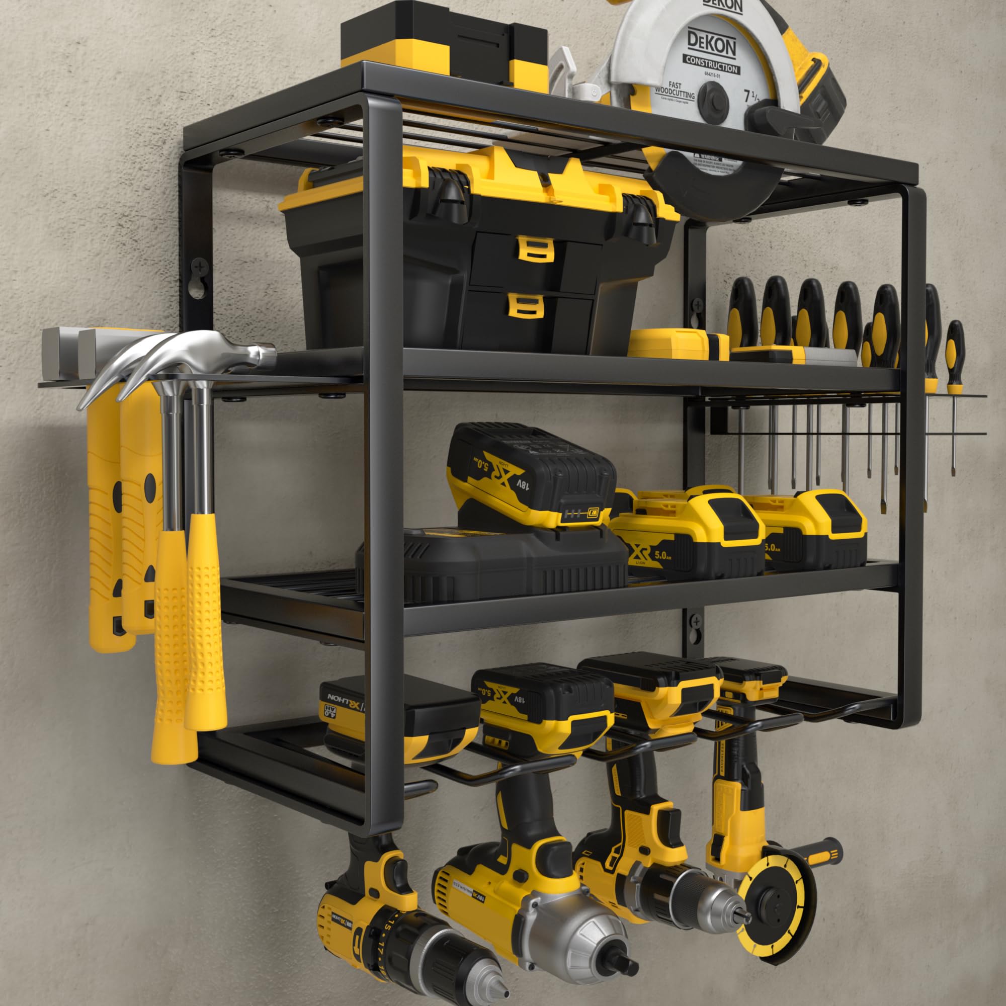 YYR 4 Layer Power Tool Organizer Wall Mount, Cordless Drill Hanger Storage Rack, Battery Tools Holder with Charging Station Shelf for Garage Organization, Workshop, Pegboard, Shed - 32 Inch 8 Slots
