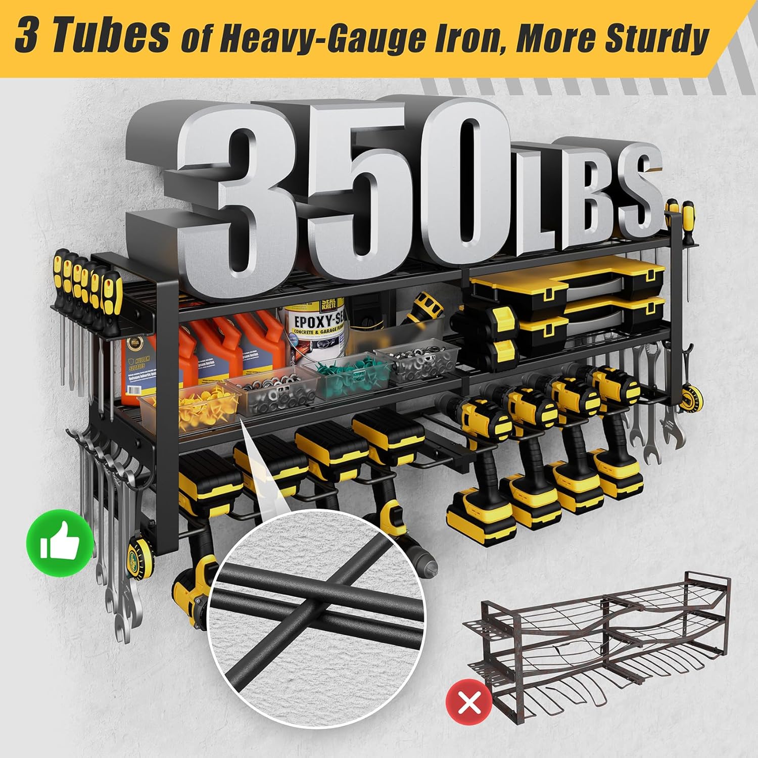 Jusgym Power Tool Organizer Wall Mount |350lbs Garage Tool Storage Rack with 6 Cordless Drill Holder |3-Tier 32''W Heavy Duty Garage Organization |Fathers Day Dad Gifts for Men