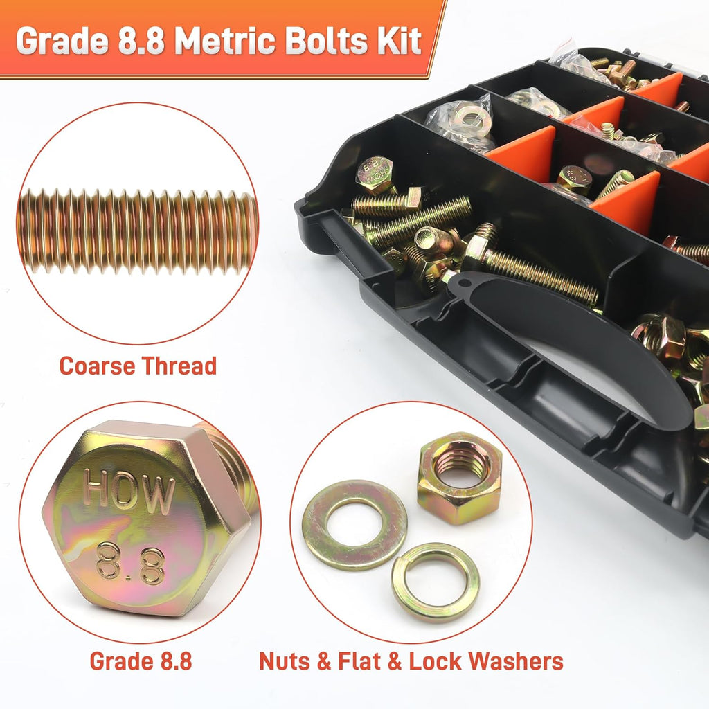 Quibbay 976pcs Nuts and Bolts Assortment Kit, Grade 8.8 Metric Bolt Assortment with Assorted Nuts and Washers, Heavy Duty M6 M8 M10 M12 Hex Bolts and Nuts Kit, Yellow Zinc Plated, Length from 16-50mm