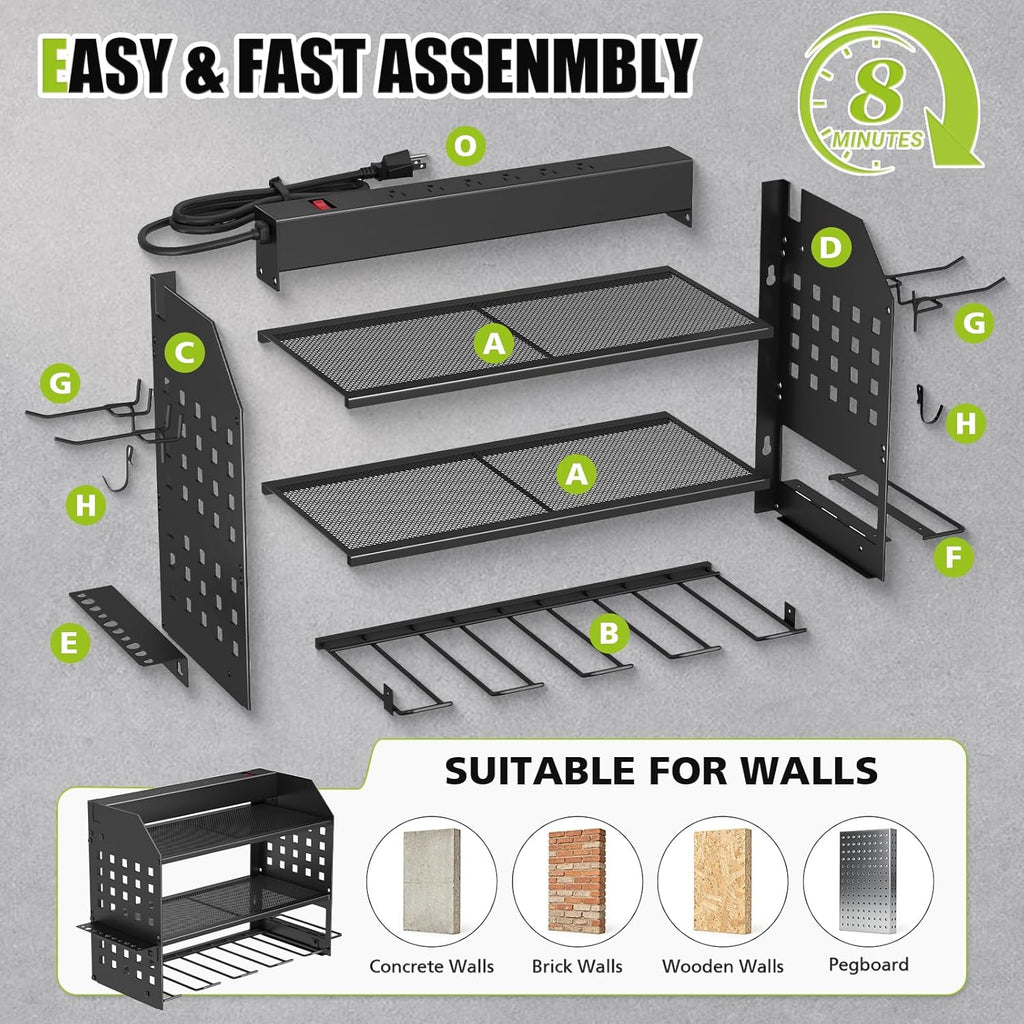 SUNALLY Power Tool Organizer Wall Mount with Charging Station,3 Layer Heavy Duty Metal Tool Storage Rack with 4 Drill Holders, Power Tool Shelf for Garage, Warehouse, Workshop, Gifts for Men, Husband