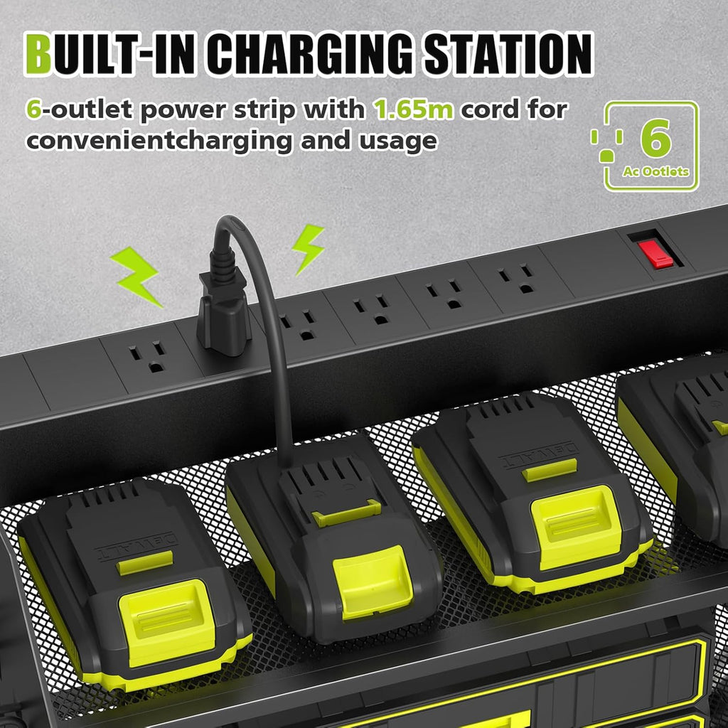 SUNALLY Power Tool Organizer Wall Mount with Charging Station,3 Layer Heavy Duty Metal Tool Storage Rack with 4 Drill Holders, Power Tool Shelf for Garage, Warehouse, Workshop, Gifts for Men, Husband